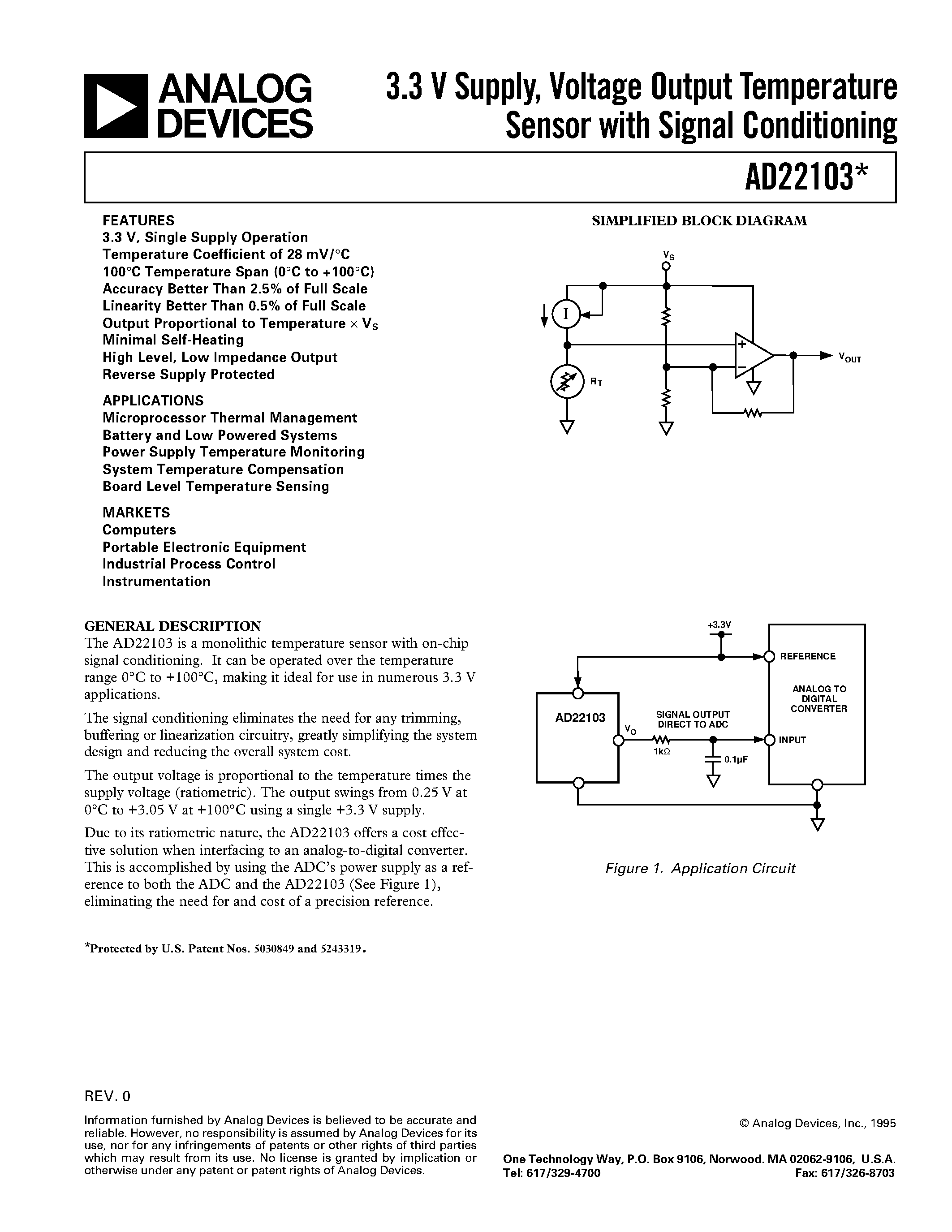 Datasheet AD22103 - 3.3 V Supply/ Voltage Output Temperature Sensor with Signal Conditioning page 1