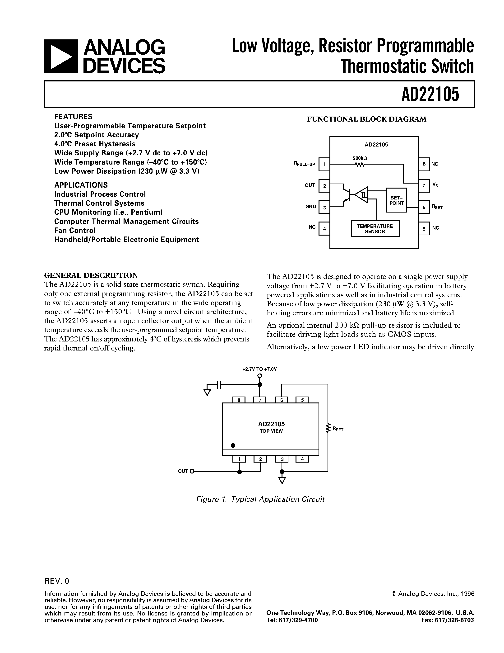 Datasheet AD22105AR - Low Voltage/ Resistor Programmable Thermostatic Switch page 1