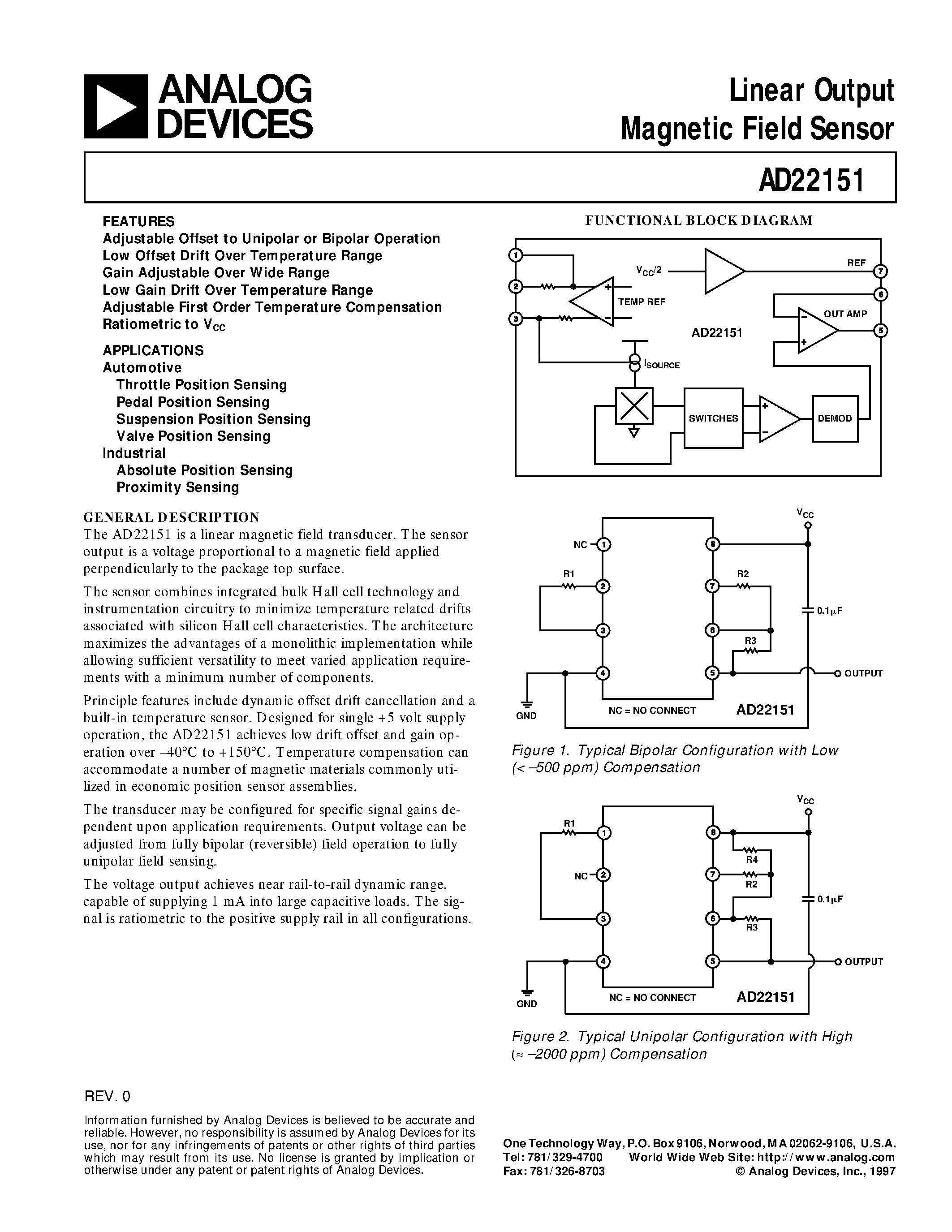 Datasheet AD22151 - Linear Output Magnetic Field Sensor page 1