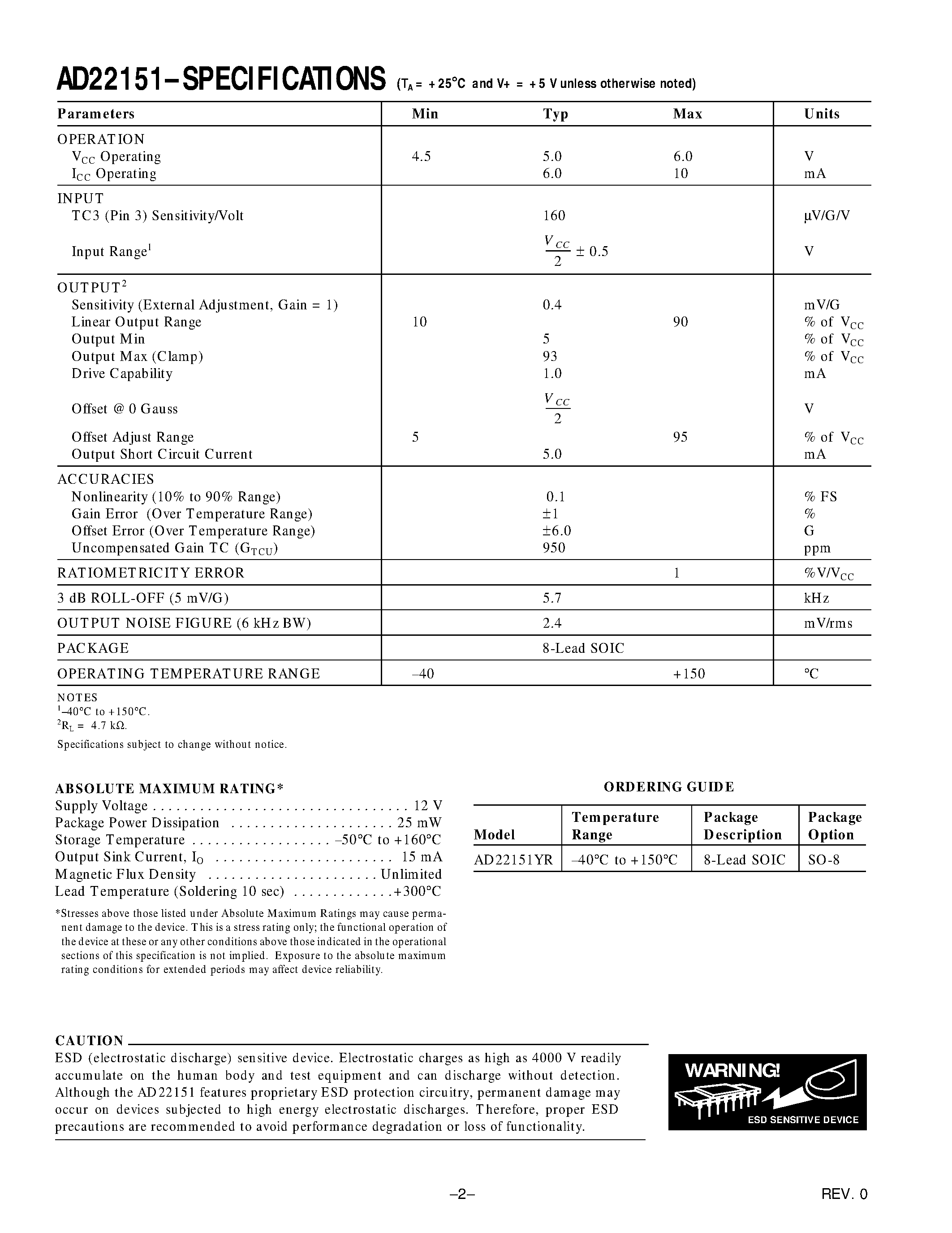 Datasheet AD22151 - Linear Output Magnetic Field Sensor page 2