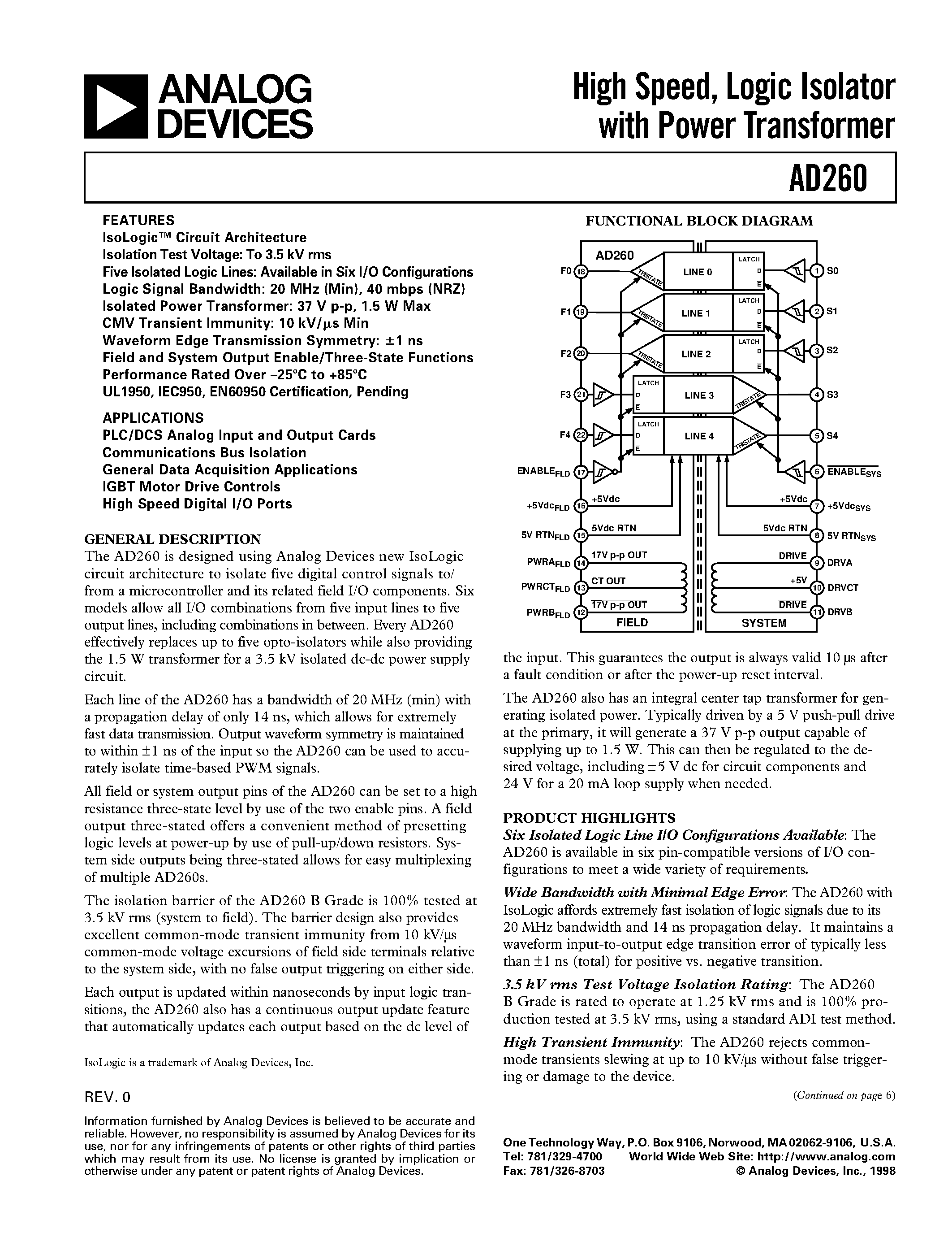 Datasheet AD260 - High Speed/ Logic Isolator with Power Transformer page 1