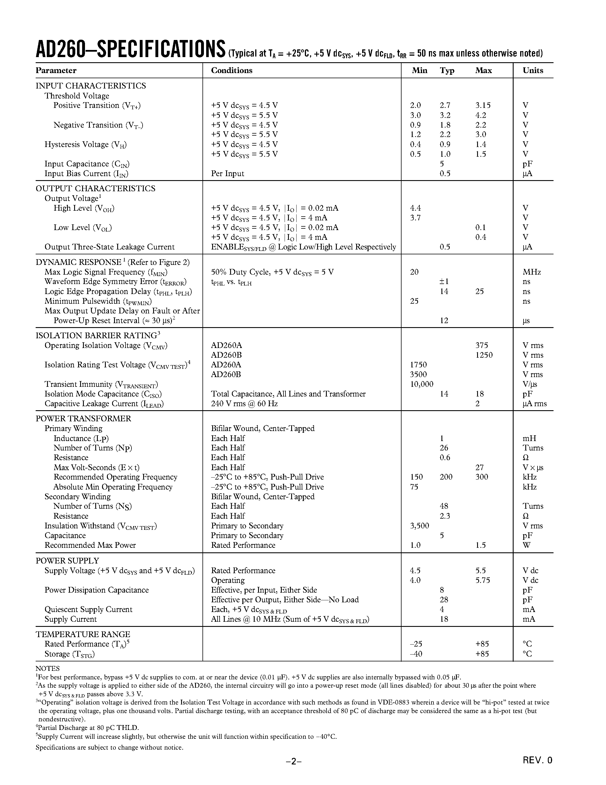 Datasheet AD260 - High Speed/ Logic Isolator with Power Transformer page 2