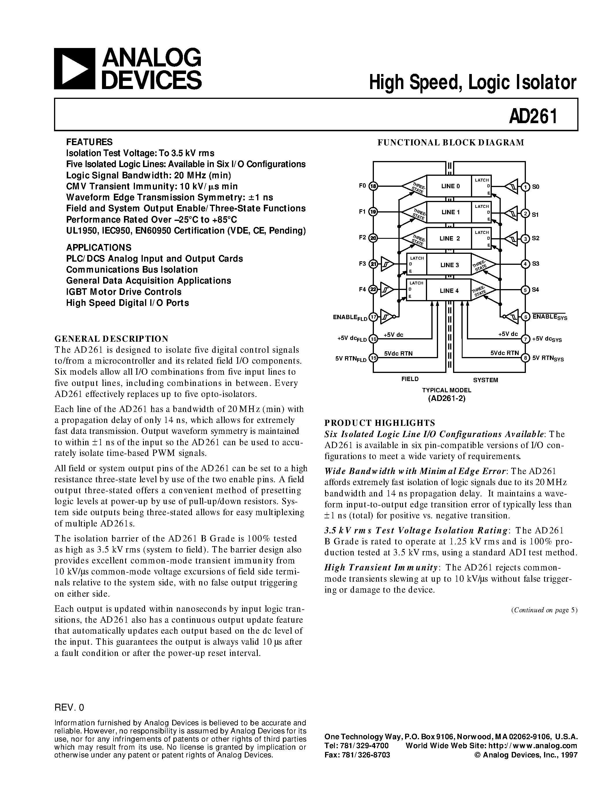 Datasheet AD261BND-0 - High Speed/ Logic Isolator page 1