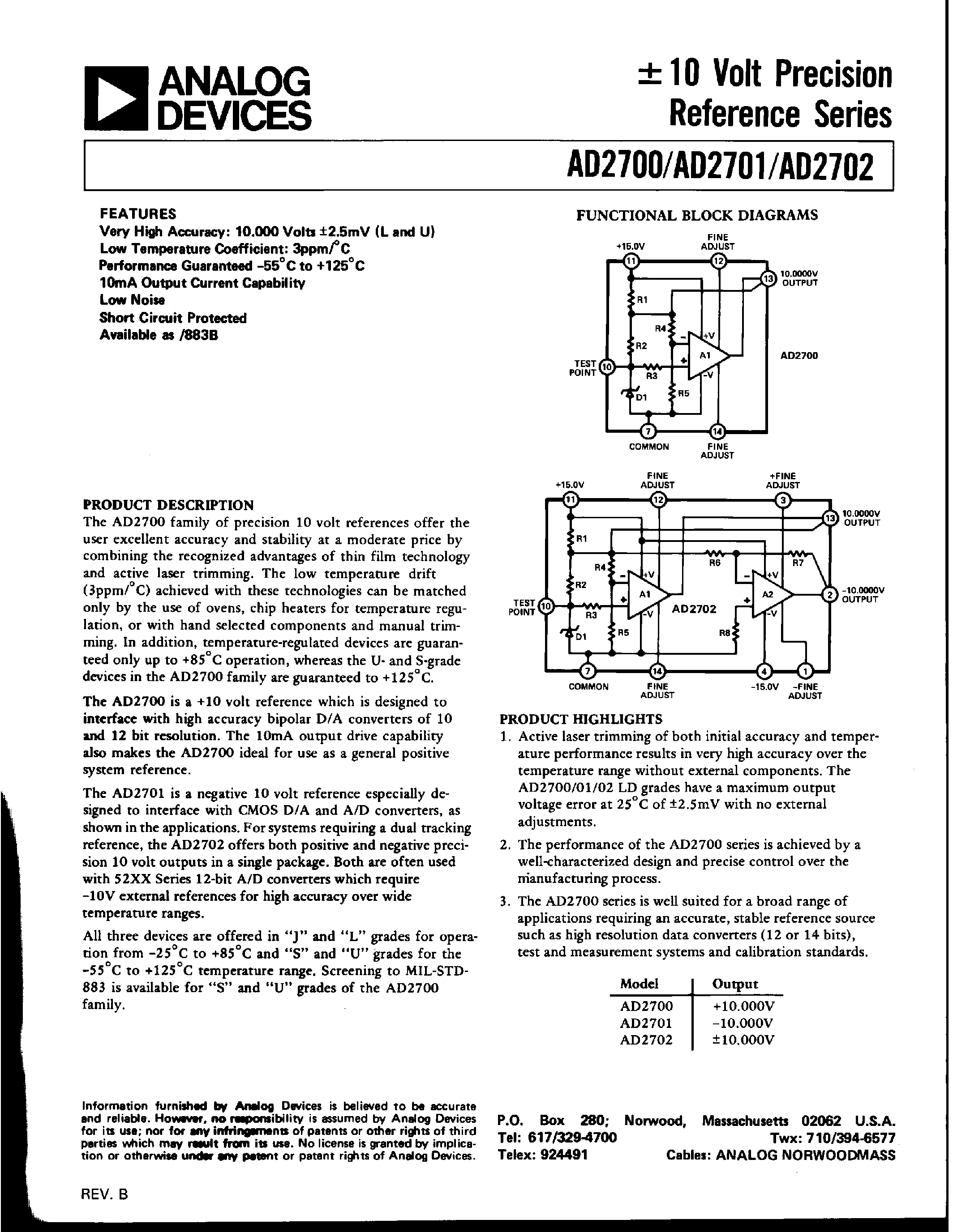 Datasheet AD2700 - +(-) 10 Volt Precision Reference Series page 1