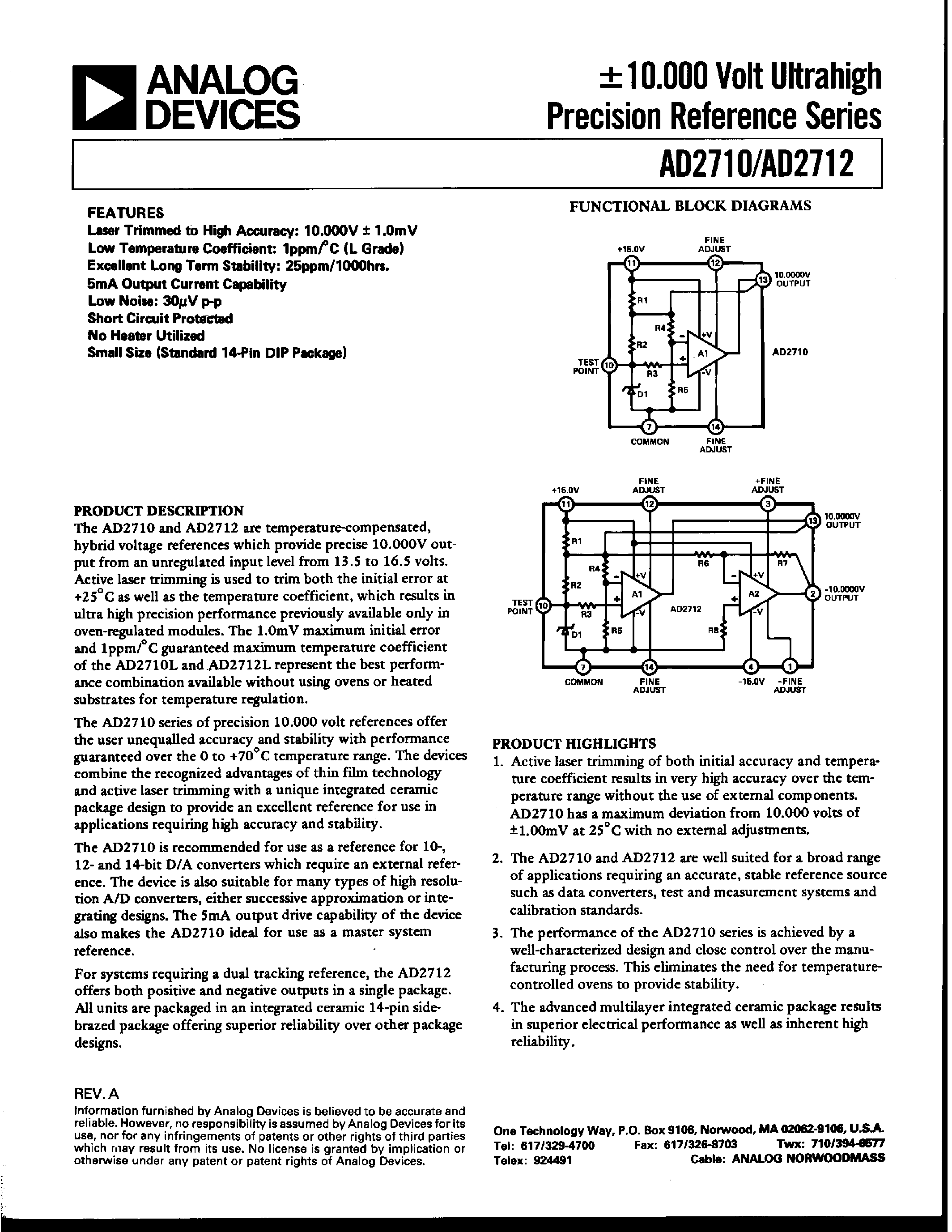 Datasheet AD2710 - +(-) 10.000 Volt Ultrahigh Precision Reference Series page 1