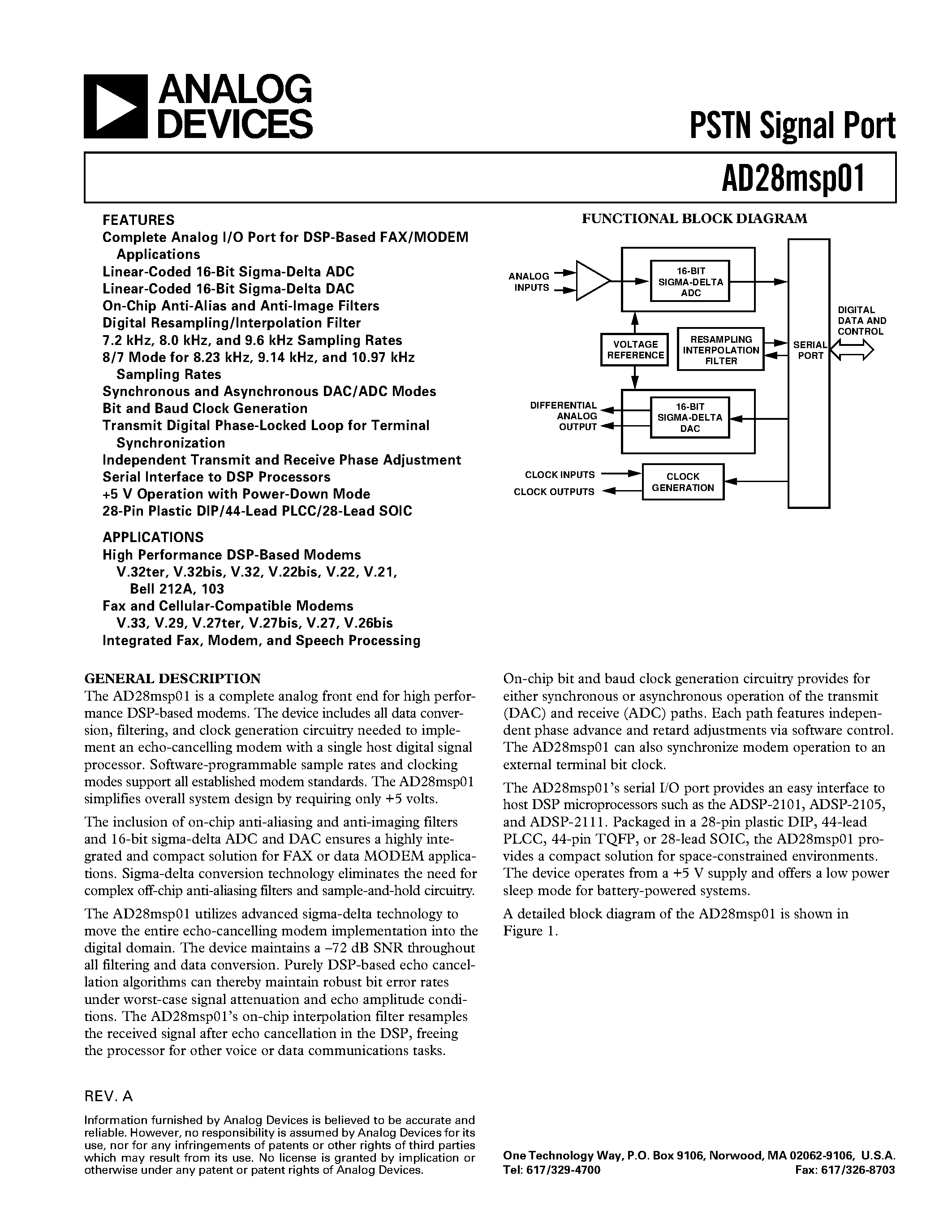 Datasheet AD28MSP01 - PSTN Signal Port page 1