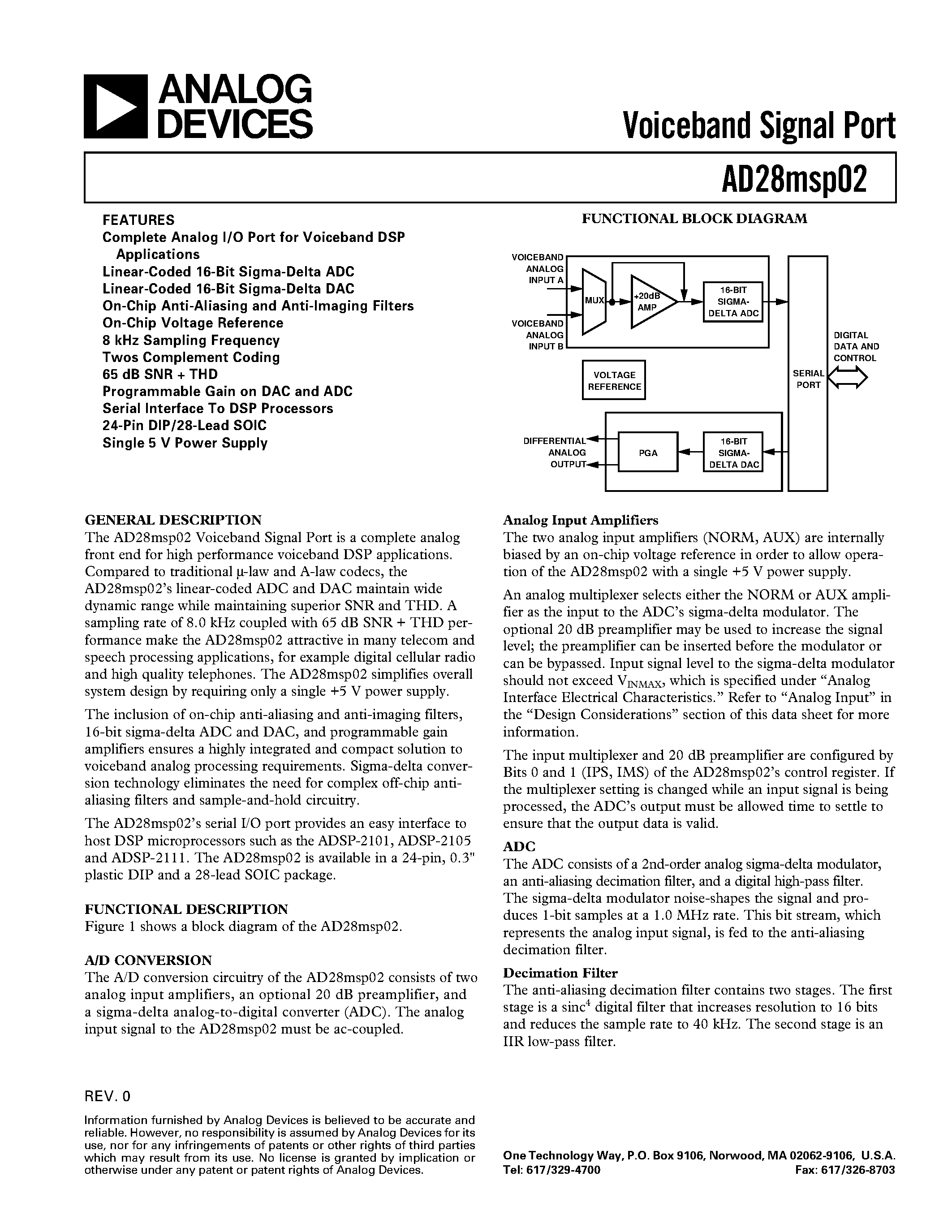 Datasheet AD28MSP02 - Voiceband Signal Port page 1