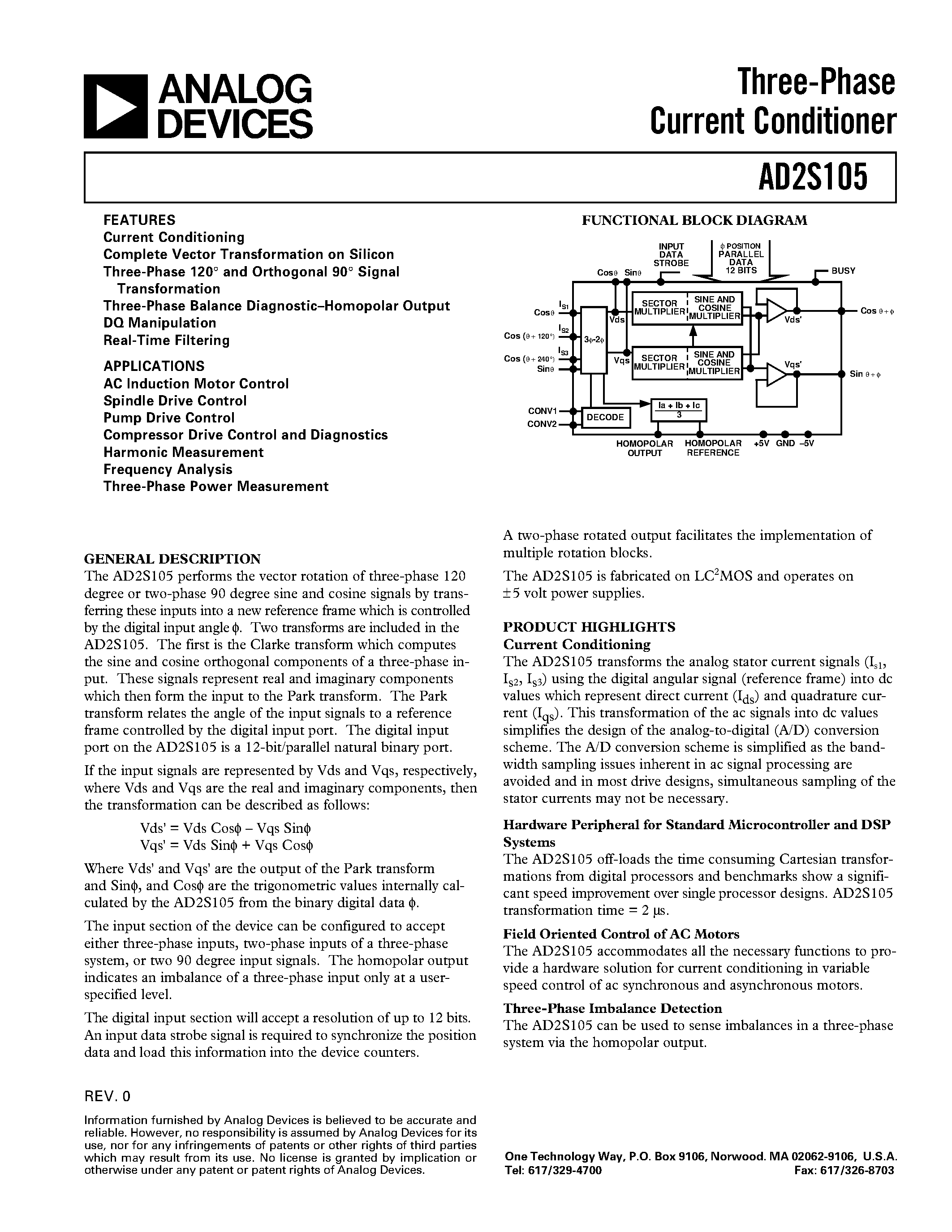 Datasheet AD2S105AP - Three-Phase Current Conditioner page 1