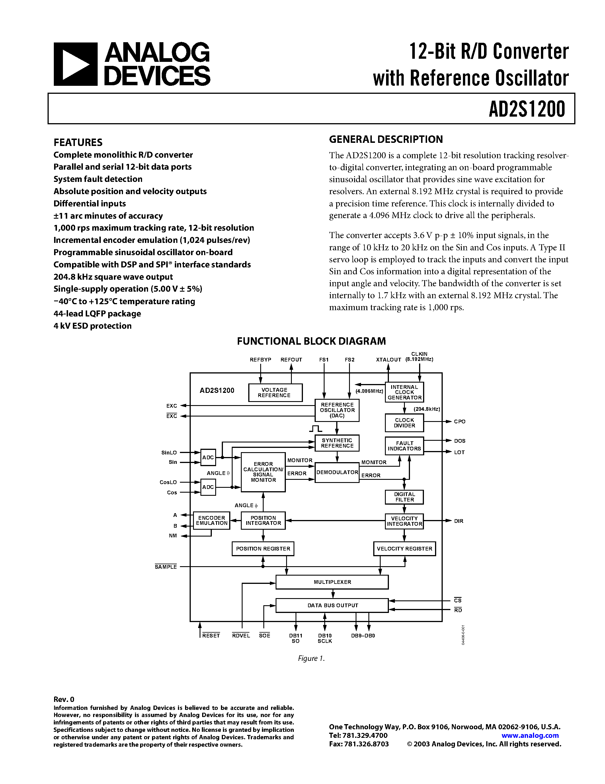 Datasheet AD2S1200 - 12-Bit R/D Converter with Reference Oscillator page 1