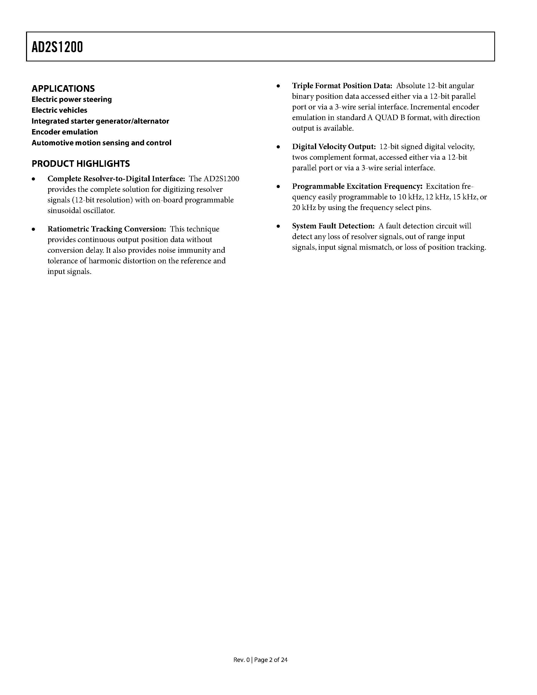 Datasheet AD2S1200 - 12-Bit R/D Converter with Reference Oscillator page 2