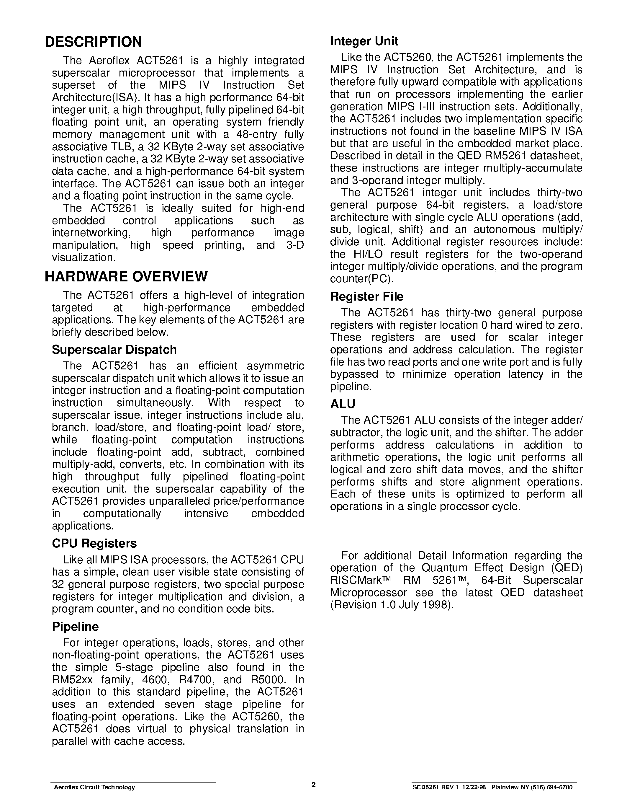 Datasheet ACT-5261PC-133P10M - ACT 5261 64-Bit Superscaler Microprocessor page 2