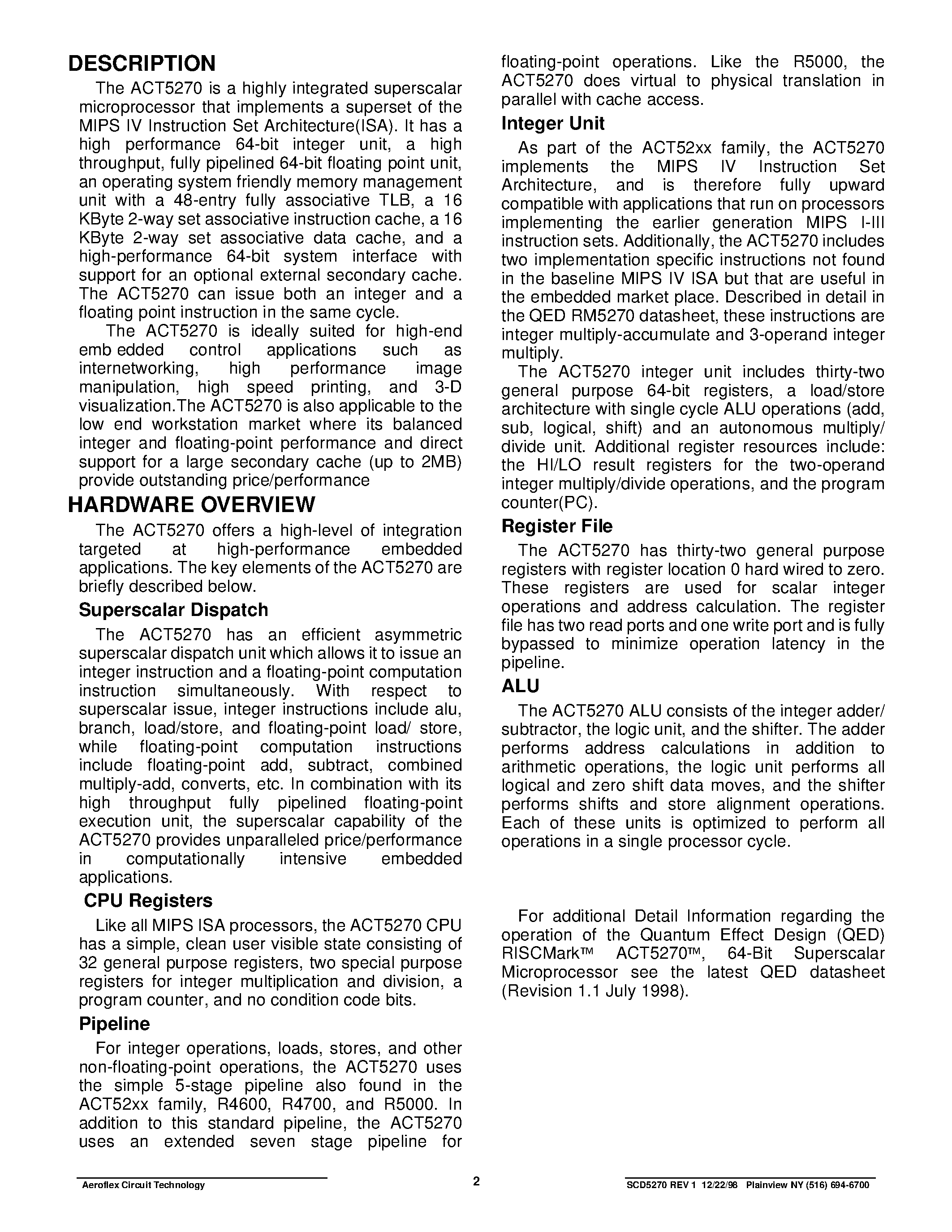 Datasheet ACT-5270PC-133F17I - ACT5270 64-Bit Superscaler Microprocessor page 2