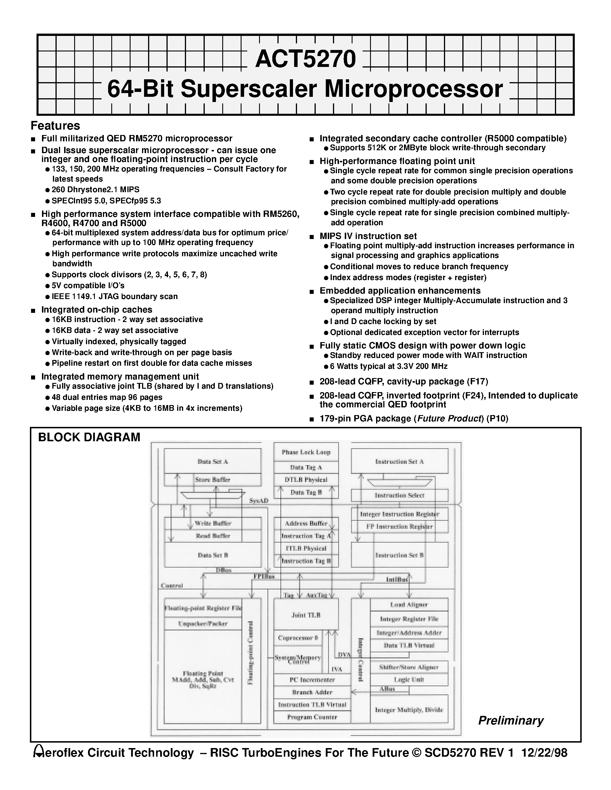 Даташит ACT-5270PC-200P10Q - ACT5270 64-Bit Superscaler Microprocessor страница 1