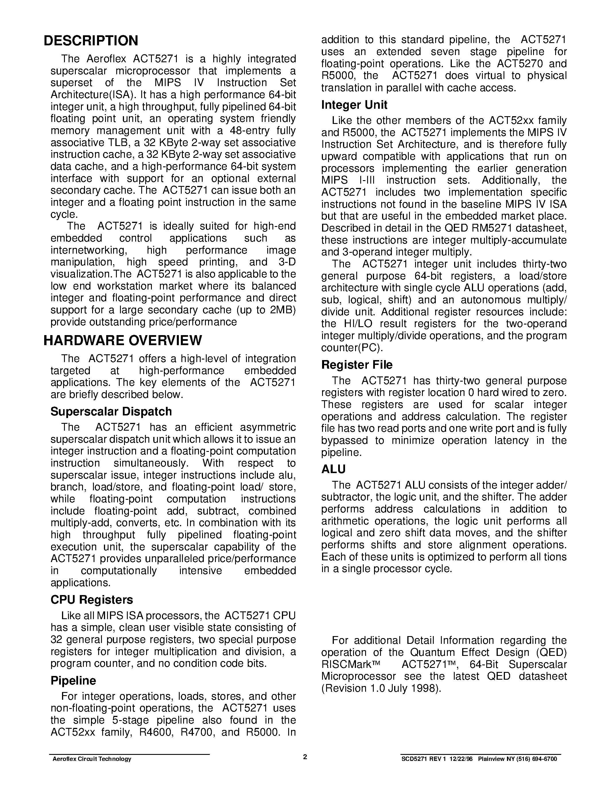 Datasheet ACT-5271PC-150F17C - ACT5271 64-Bit Superscaler Microprocessor page 2