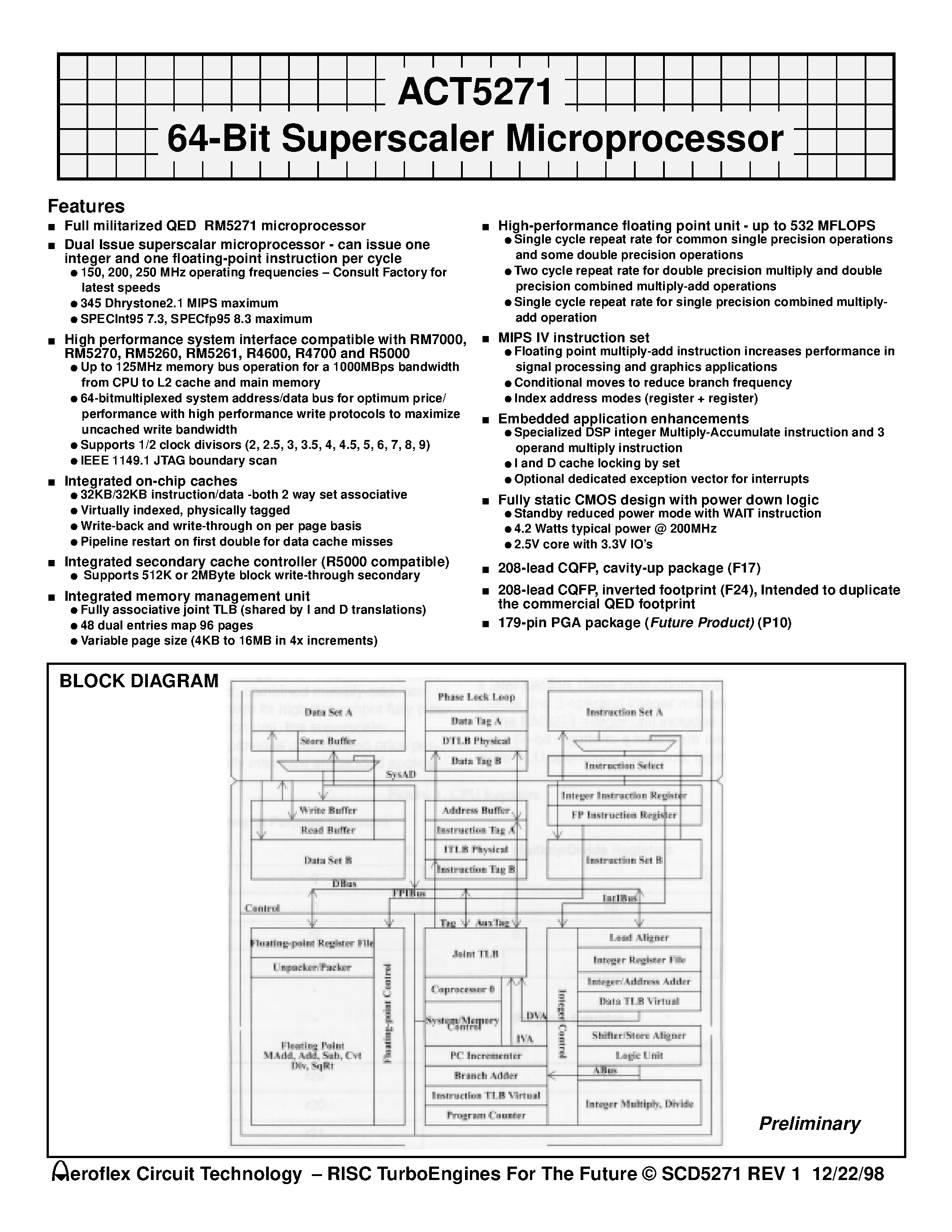 Даташит ACT-5271PC-266P10T - ACT5271 64-Bit Superscaler Microprocessor страница 1