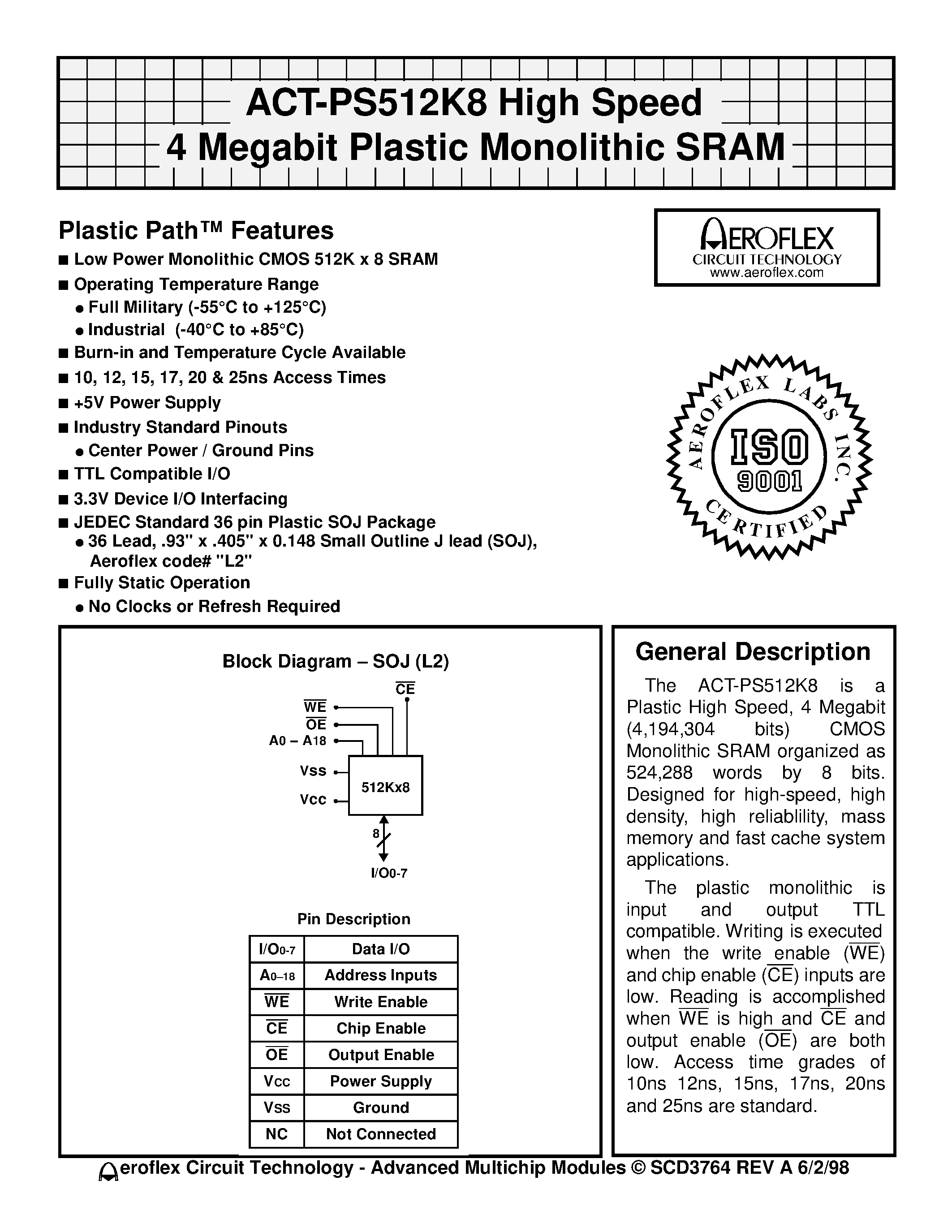 Datasheet ACT-9S512K8N-010L2I - ACT-PS512K8 High Speed 4 Megabit Plastic Monolithic SRAM page 1