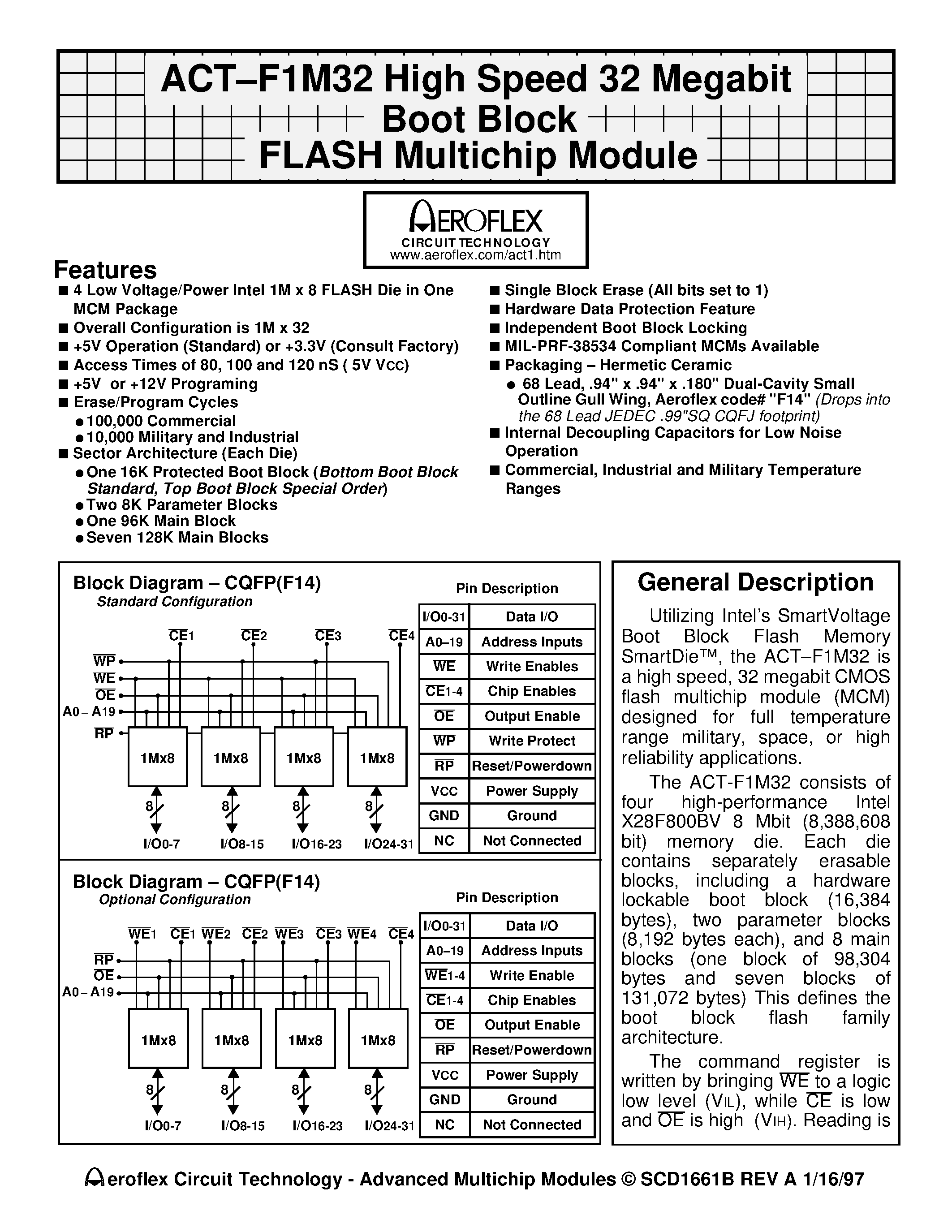 Datasheet ACT-D1M32B-080F14C - ACT-F1M32 High Speed 32 Megabit Boot Block FLASH Multichip Module page 1