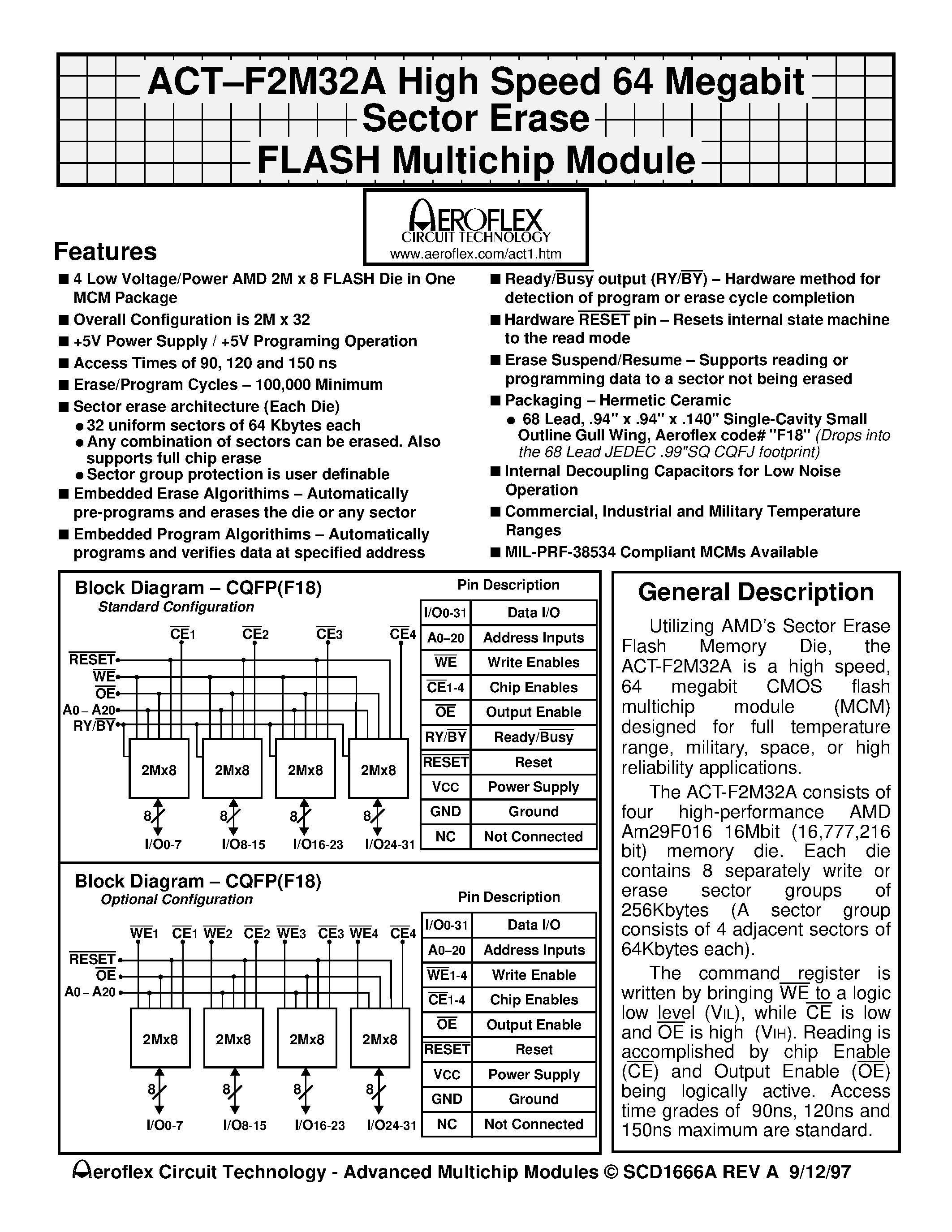 Datasheet ACT-D2M32A-090F18C - ACT-F2M32A High Speed 64 Megabit Sector Erase FLASH Multichip Module page 1