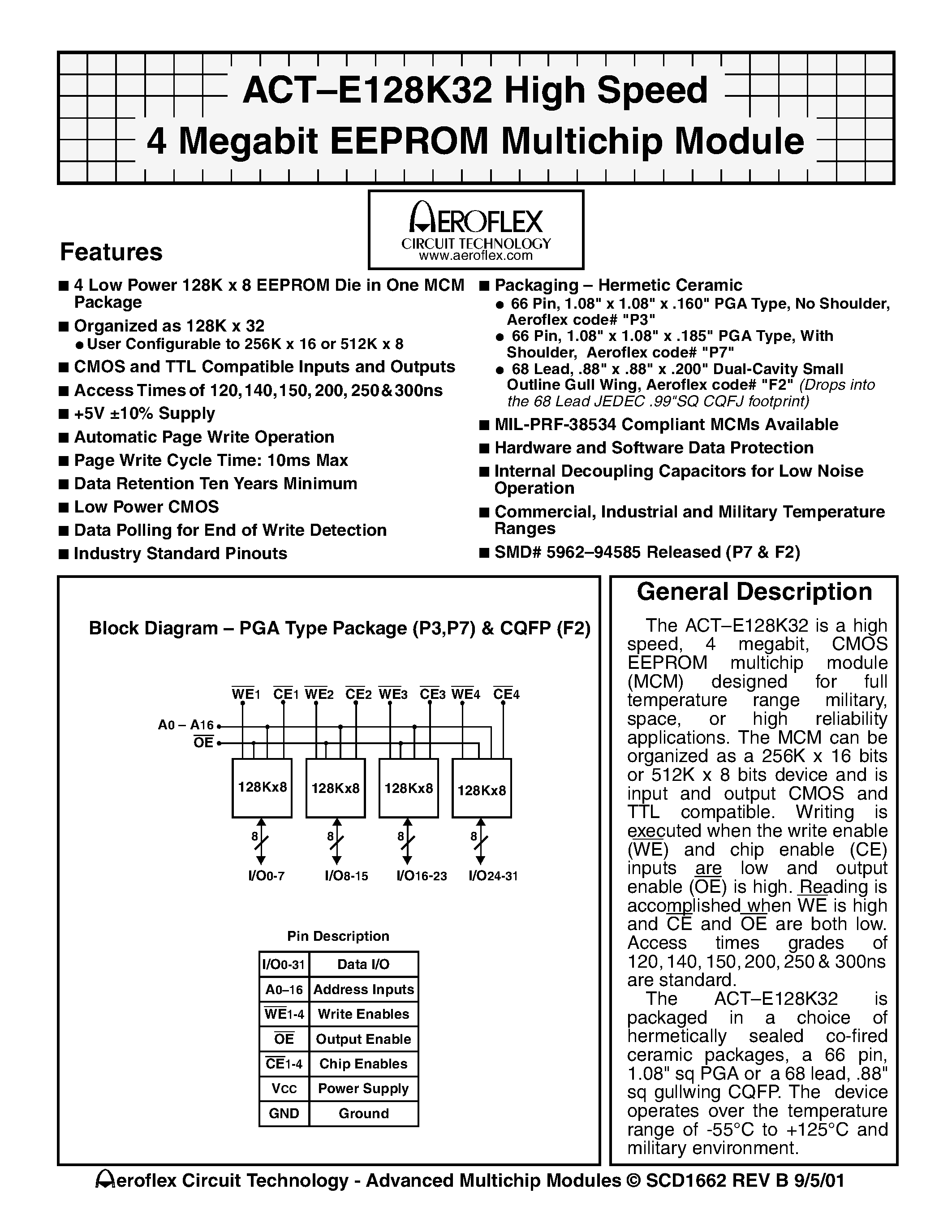 Datasheet ACT-E128K32N-250P3C - ACT-E128K32 High Speed 4 Megabit EEPROM Multichip Module page 1