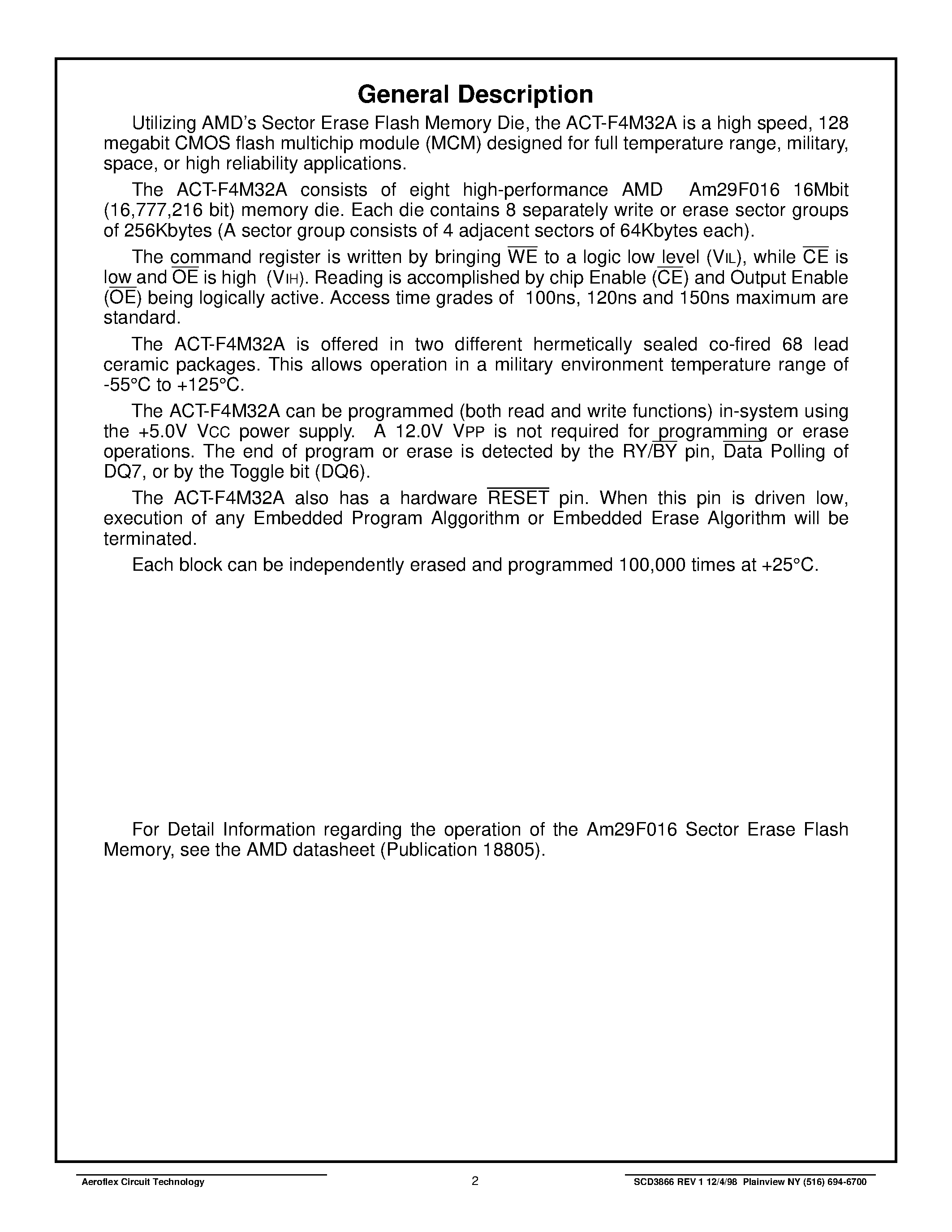 Datasheet ACT-E4M32A-100F1M - ACT-F4M32A High Speed 128 Megabit Sector Erase FLASH Multichip Module page 2