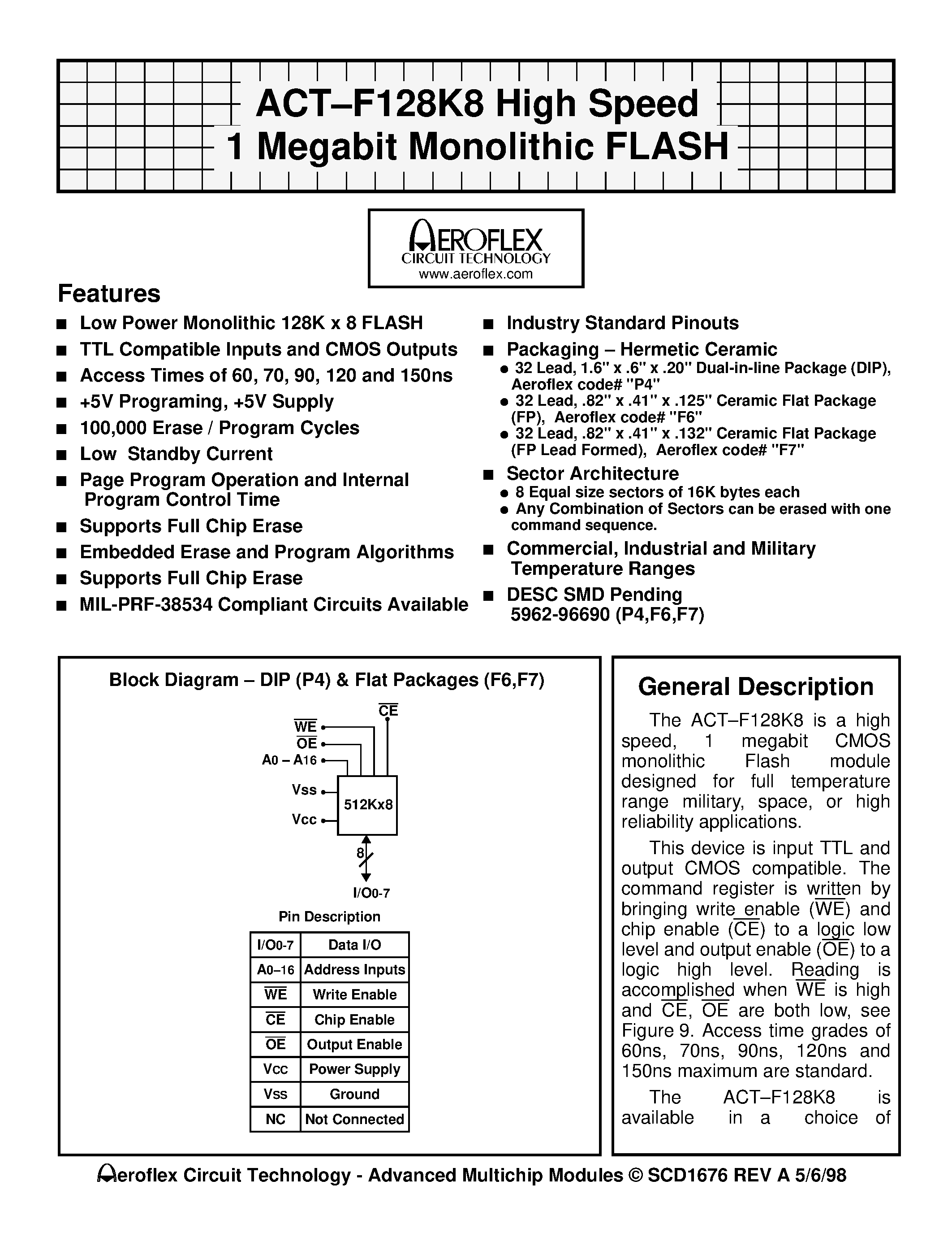 Datasheet ACT-F1288N-060F6C - ACT-F128K8 High Speed 1 Megabit Monolithic FLASH page 1