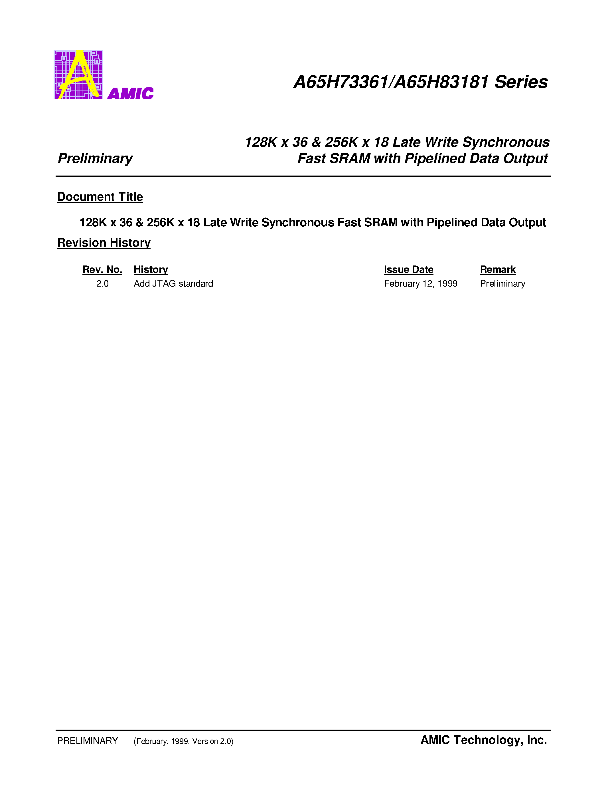 Datasheet A65H73361P-5 - 128K x 36 & 256K x 18 Late Write Synchronous Fast SRAM with Pipelined Data Output page 1