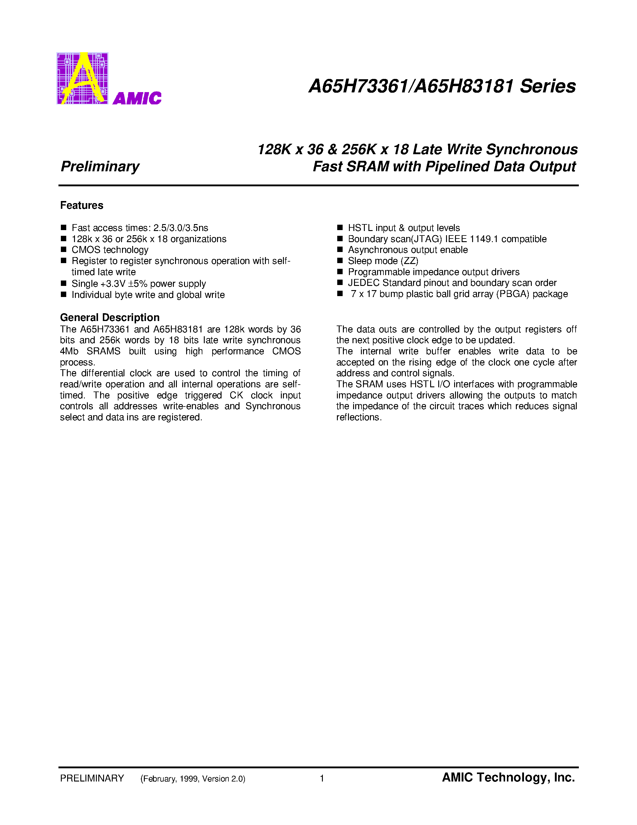 Datasheet A65H73361P-5 - 128K x 36 & 256K x 18 Late Write Synchronous Fast SRAM with Pipelined Data Output page 2