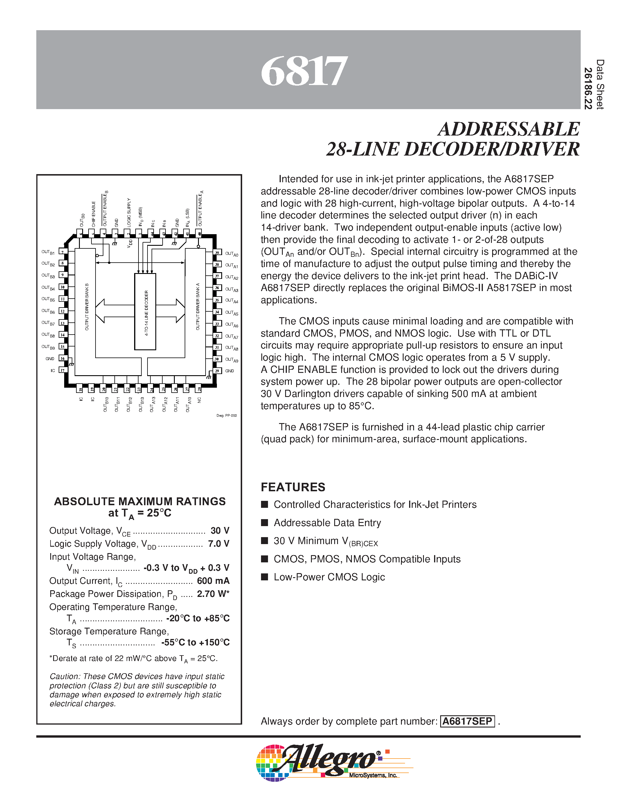 Datasheet A6817SEP - ADDRESSABLE 28-LINE DECODER/DRIVER page 1