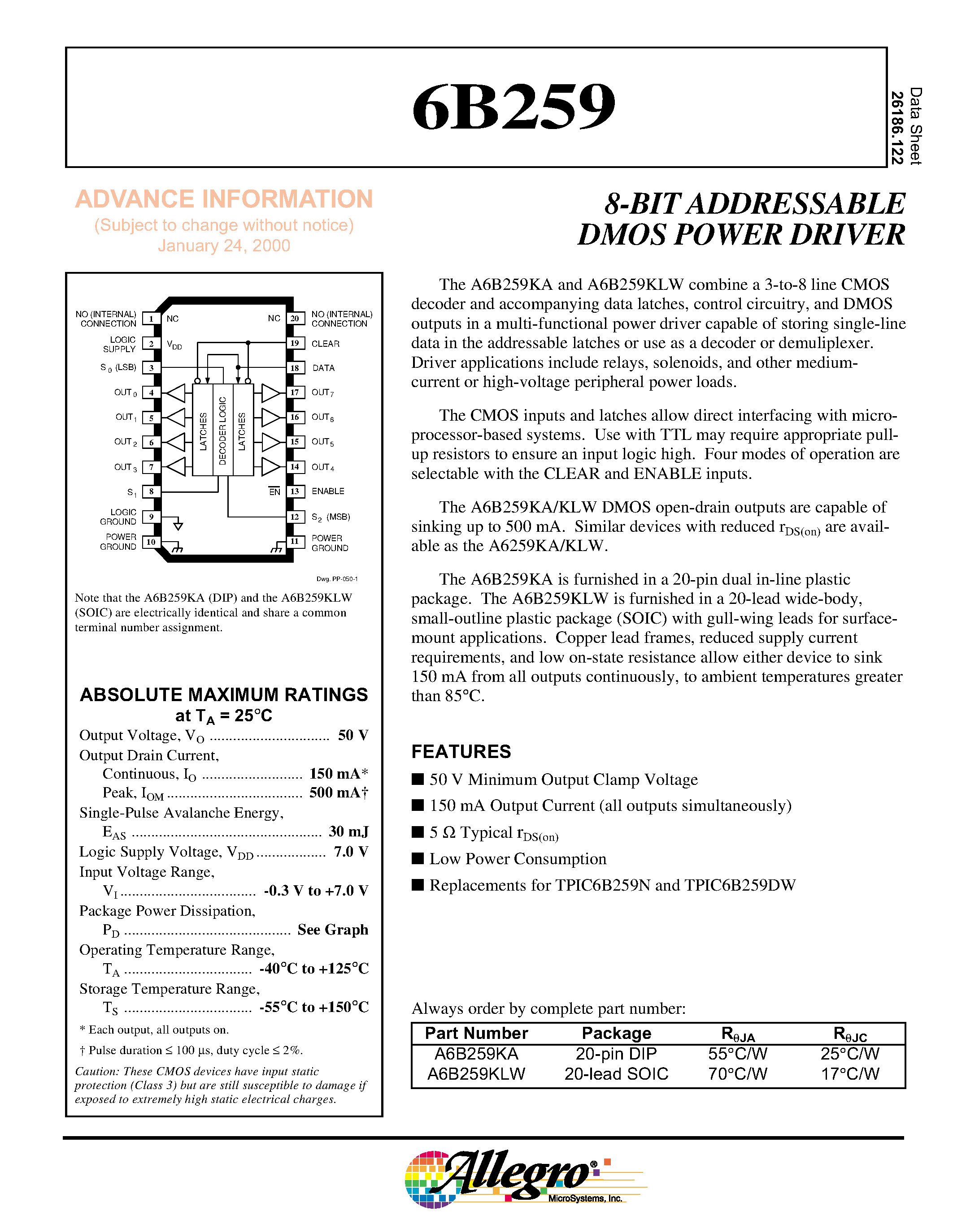 Datasheet A6B259KA - 8-BIT ADDRESSABLE DMOS POWER DRIVER page 1