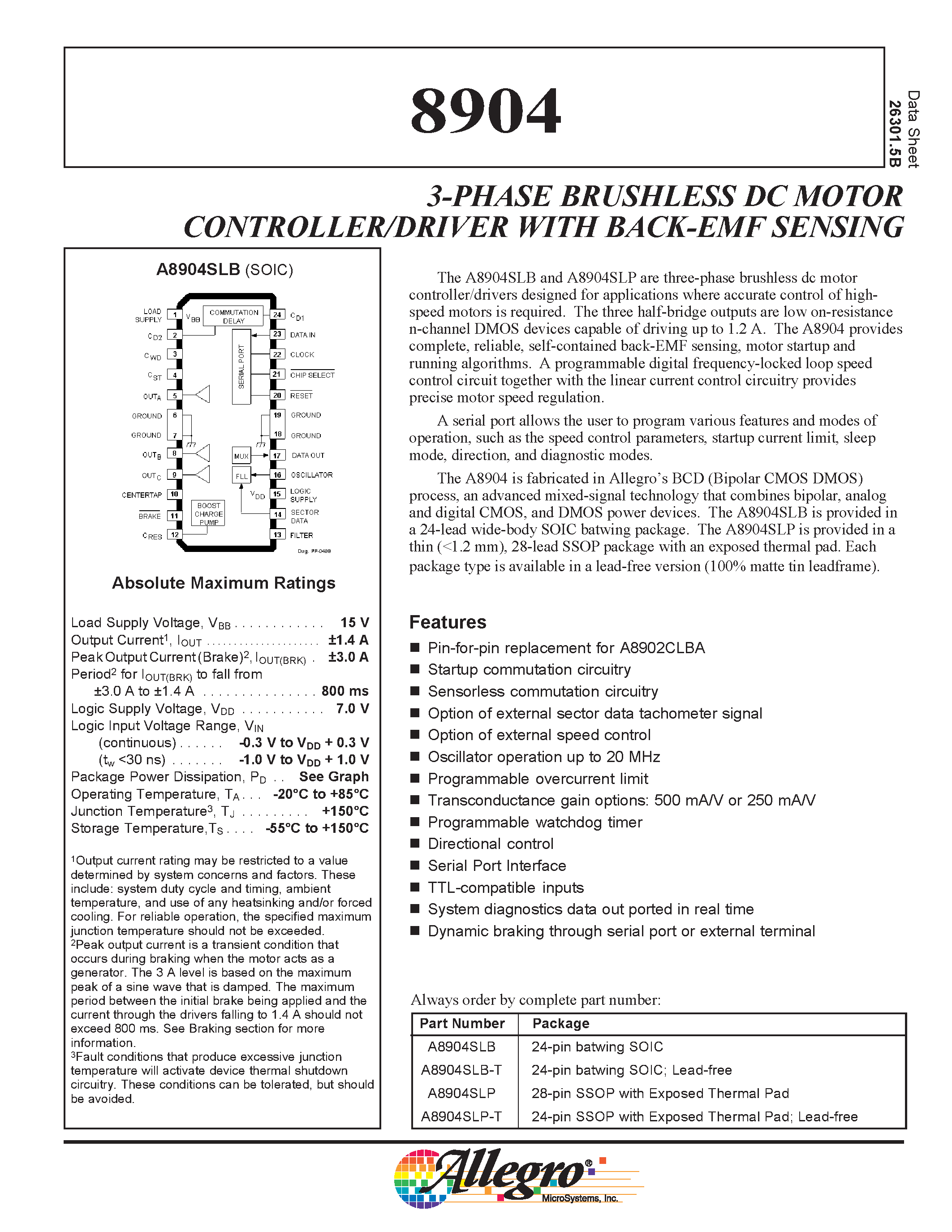 Даташит A8904SLB-T - 3-PHASE BRUSHLESS DC MOTOR CONTROLLER/DRIVER WITH BACK-EMF SENSING страница 1