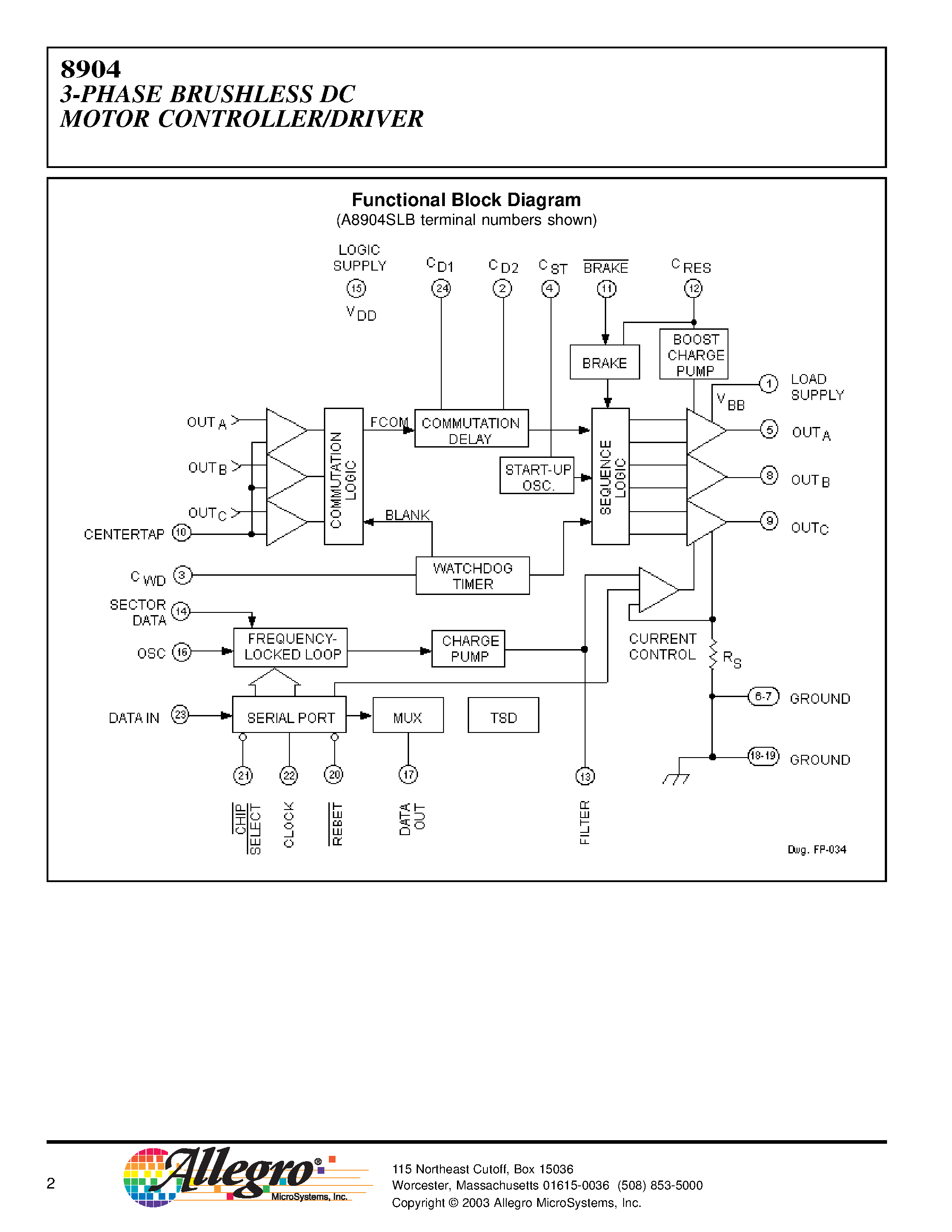 Даташит A8904SLB-T - 3-PHASE BRUSHLESS DC MOTOR CONTROLLER/DRIVER WITH BACK-EMF SENSING страница 2