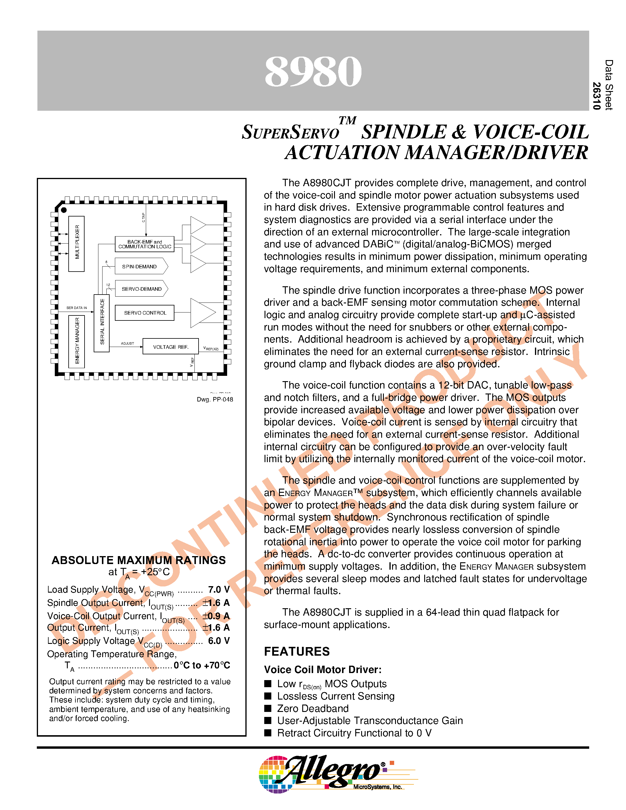 Даташит A8980CJT - SUPERSERVO SPINDLE & VOICE-COIL ACTUATION MANAGER/DRIVER страница 1