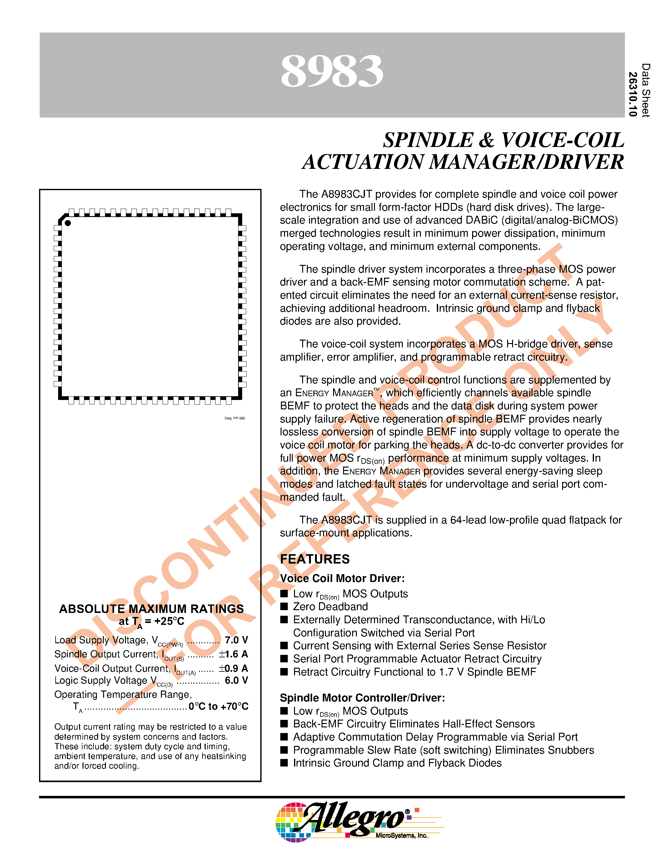 Даташит A8983CJT - SPINDLE & VOICE-COIL ACTUATION MANAGER/DRIVER страница 1