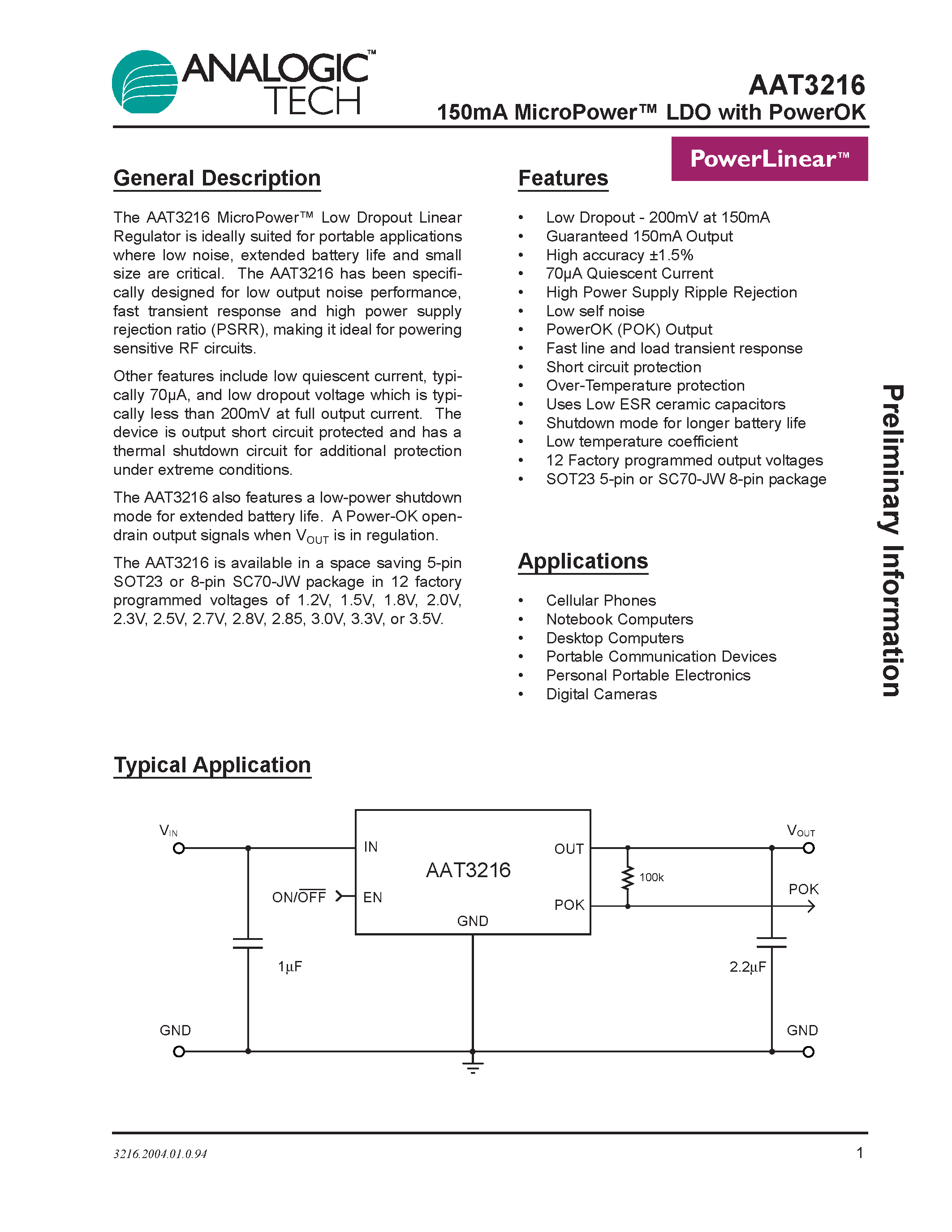 Datasheet AAT3216IGV-2.5-T1 - 150mA MicroPower LDO with PowerOK page 1