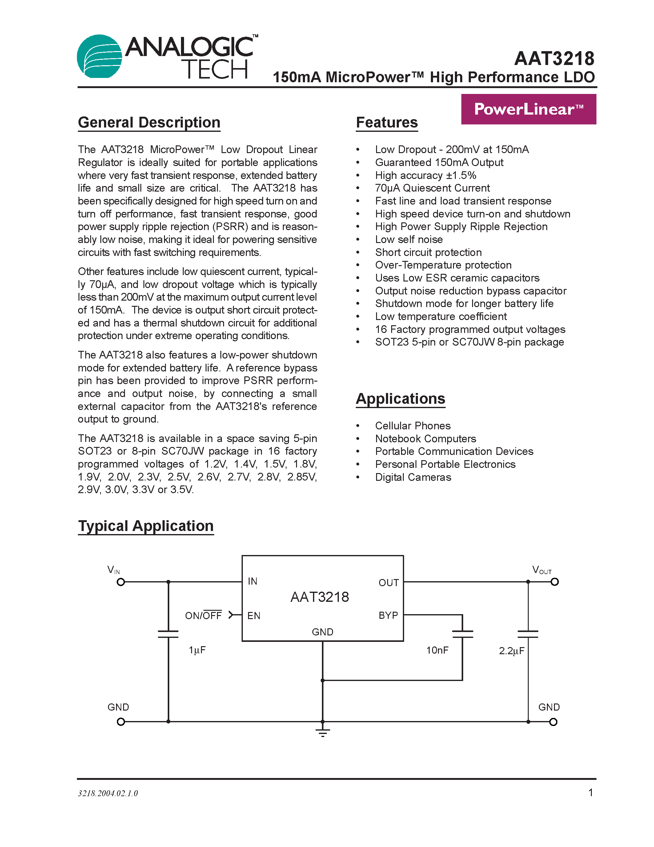 Datasheet AAT3218IGV-3.5-T1 - 150mA MicroPower High Performance LDO page 1