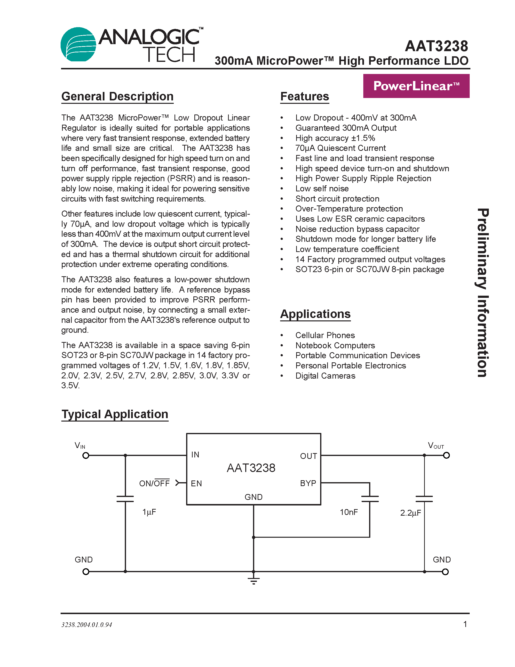 Даташит AAT3238IGU-3.0-T1 - 300mA MicroPower High Performance LDO страница 1