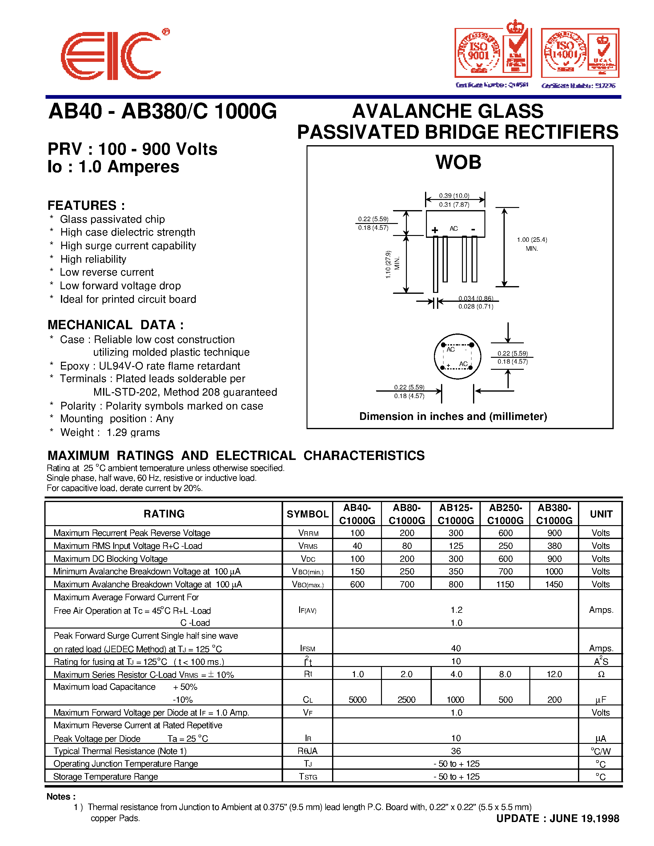 Datasheet AB40 - AVALANCHE GLASS PASSIVATED BRIDGE RECTIFIERS page 1