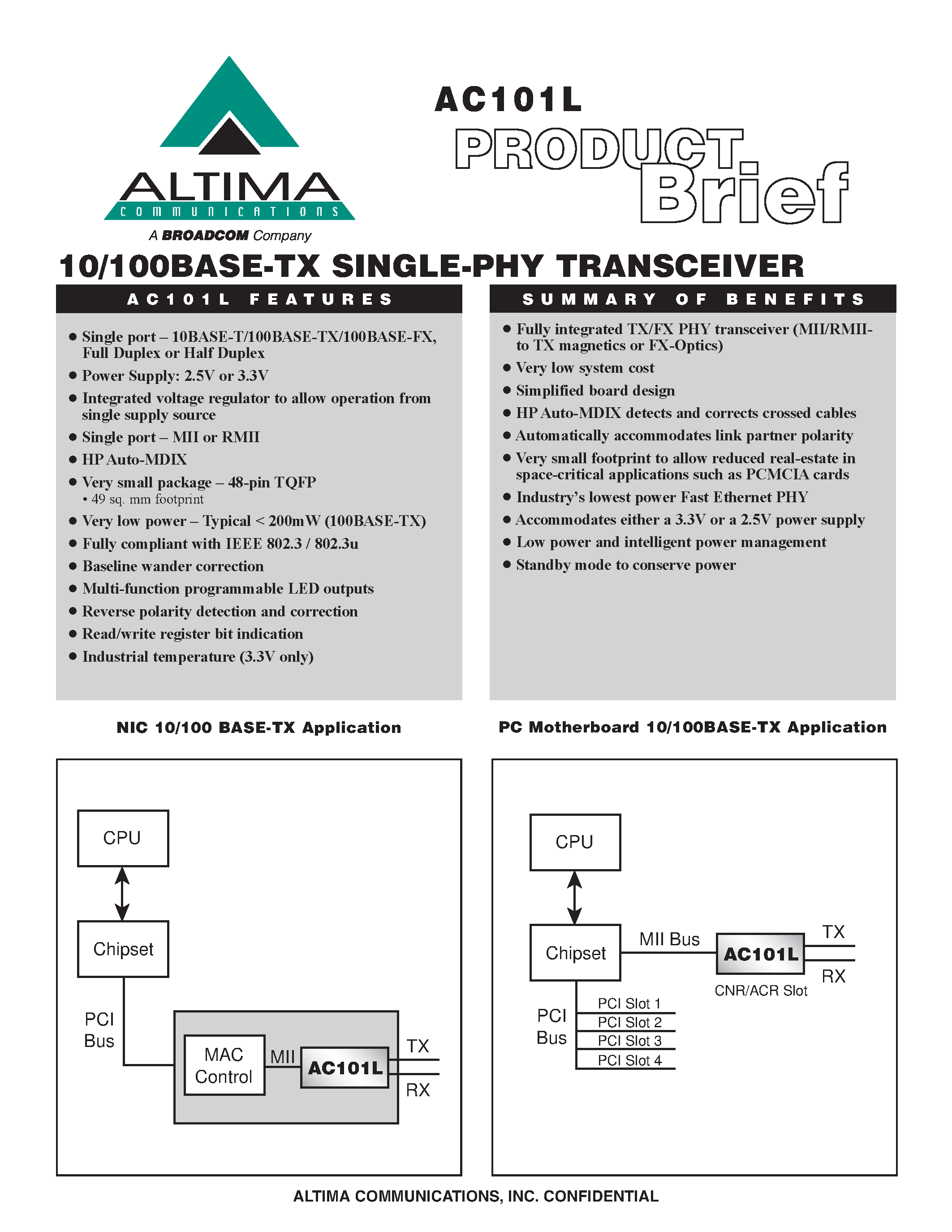 Datasheet AC101L-PB01-R - 10 / 100 BASE-TX SINGLE-PHY TRANSCEIVER page 1