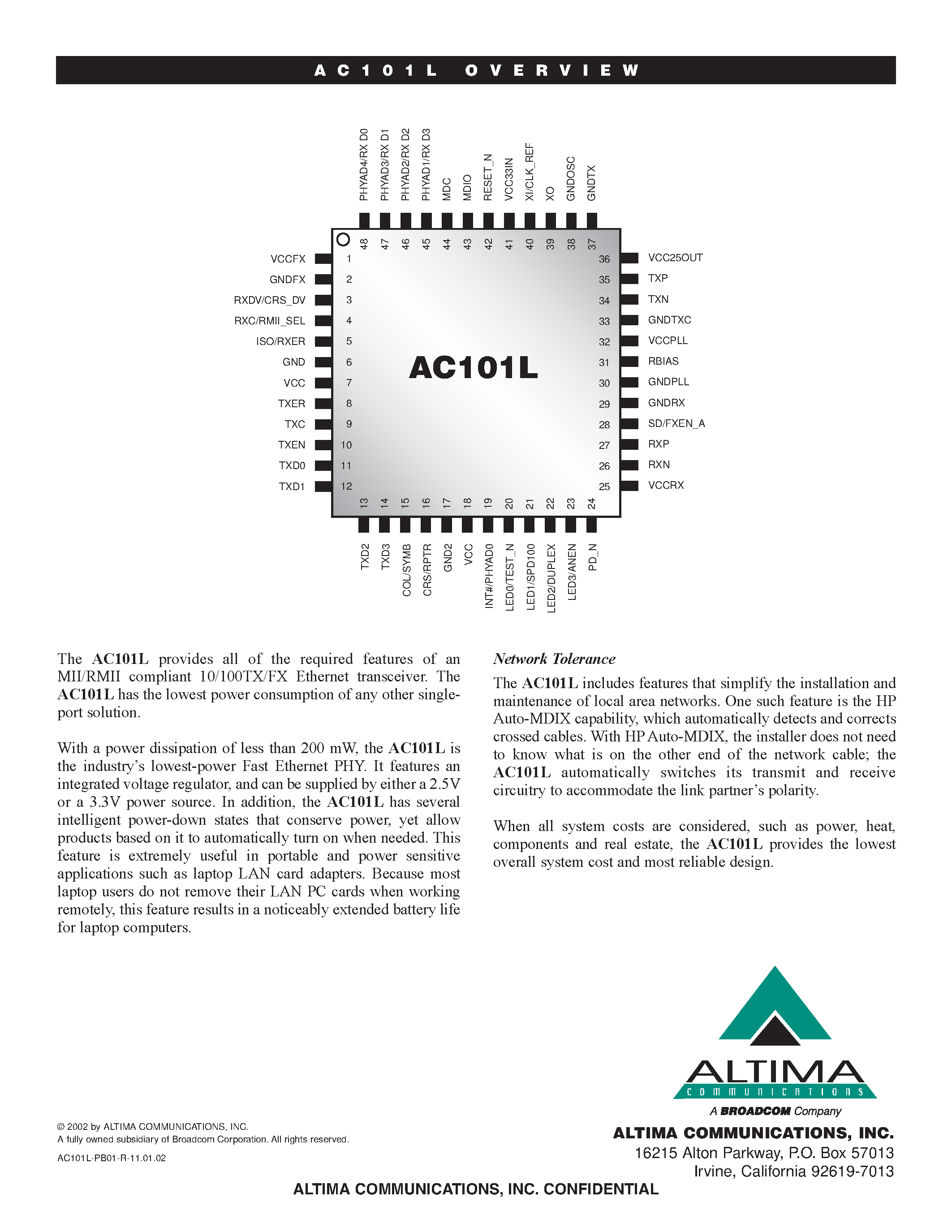 Datasheet AC101L-PB01-R - 10 / 100 BASE-TX SINGLE-PHY TRANSCEIVER page 2