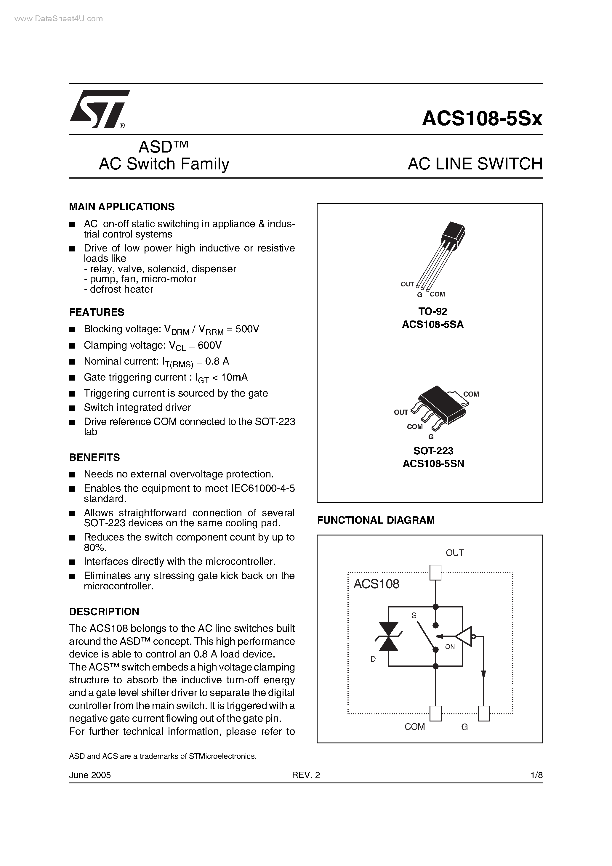 Даташит на микросхему ACS108-5SN страница 1 Даташит ACS108-5SN - AC LINE SWITCH страница 1