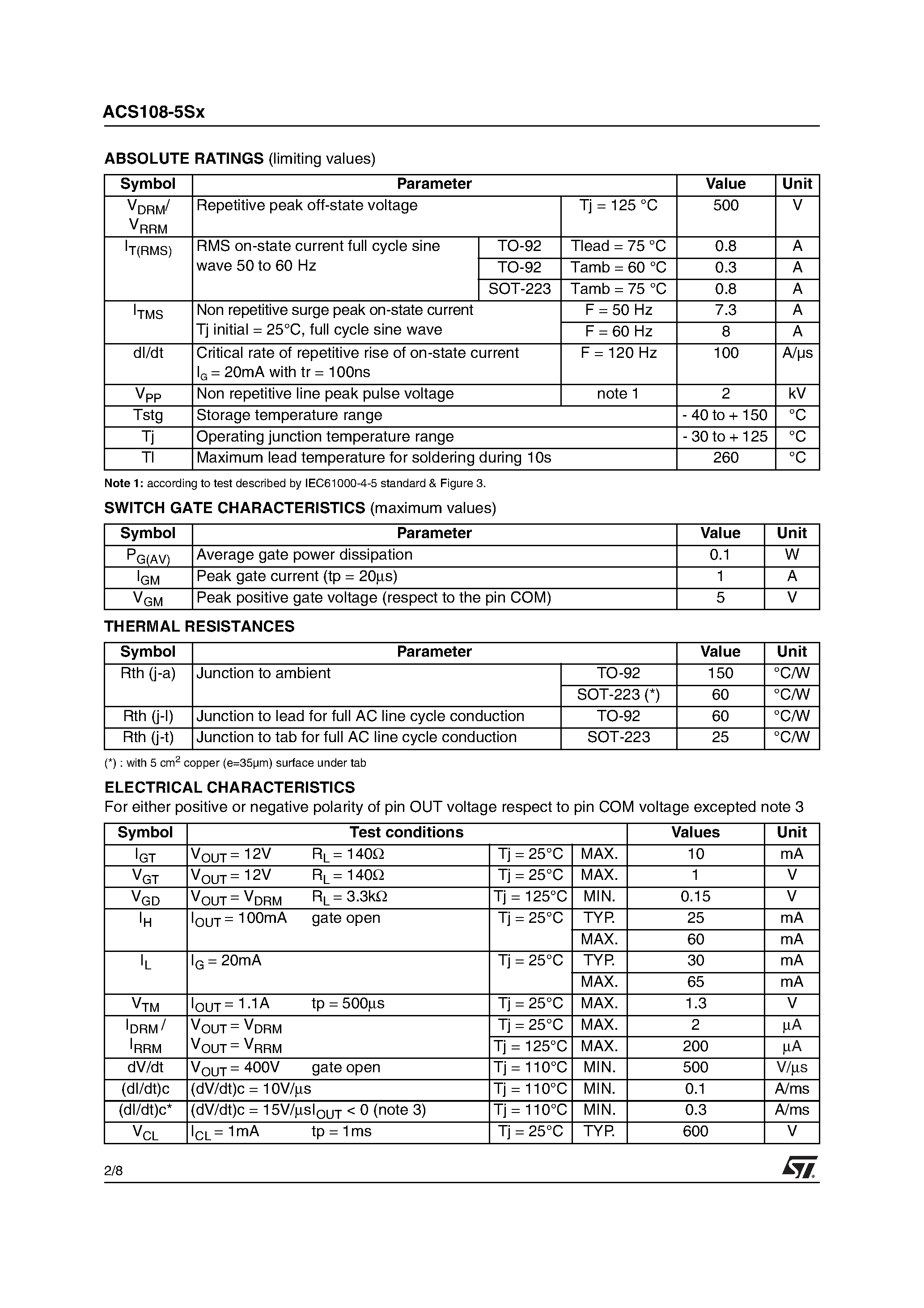 Даташит на микросхему ACS108-5SN страница 2 Даташит ACS108-5SN - AC LINE SWITCH страница 2