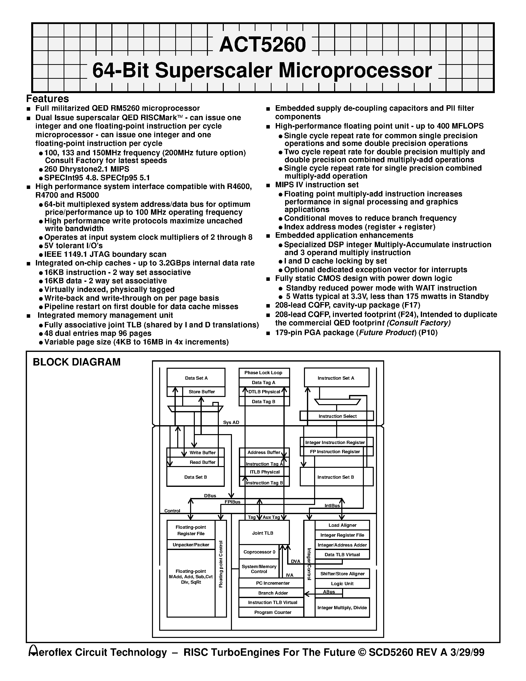 Datasheet ACT-5260PC-133F17Q - ACT5260 64-Bit Superscaler Microprocessor page 1