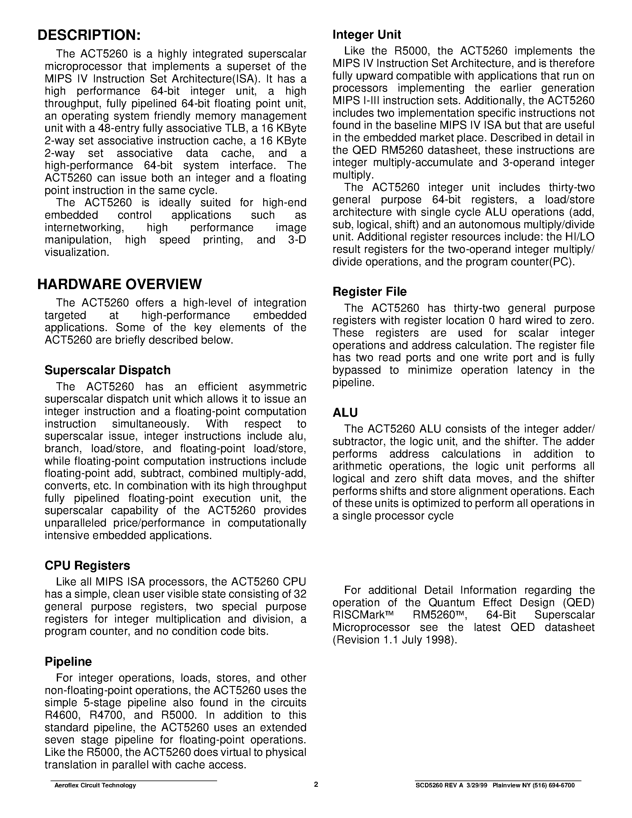 Datasheet ACT-5260PC-133F17Q - ACT5260 64-Bit Superscaler Microprocessor page 2