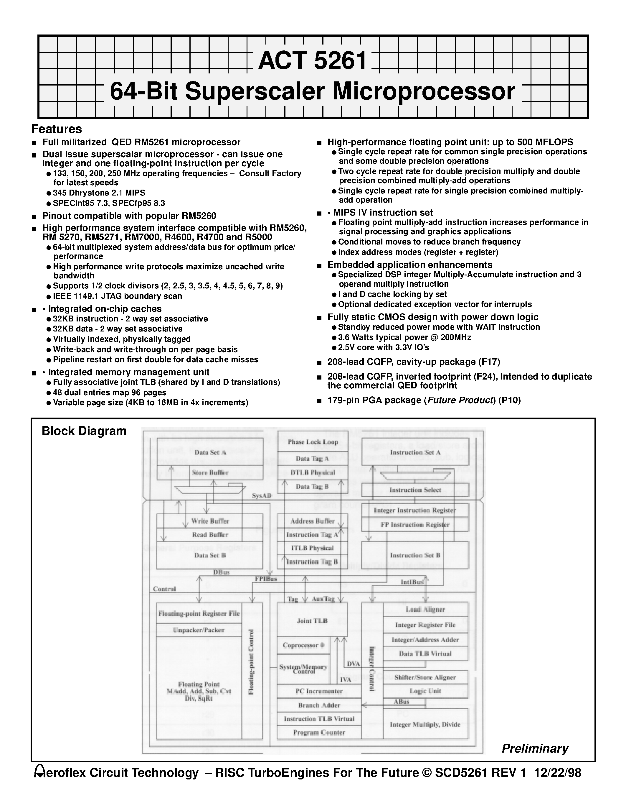 Даташит ACT-5261PC-133F24M - ACT 5261 64-Bit Superscaler Microprocessor страница 1