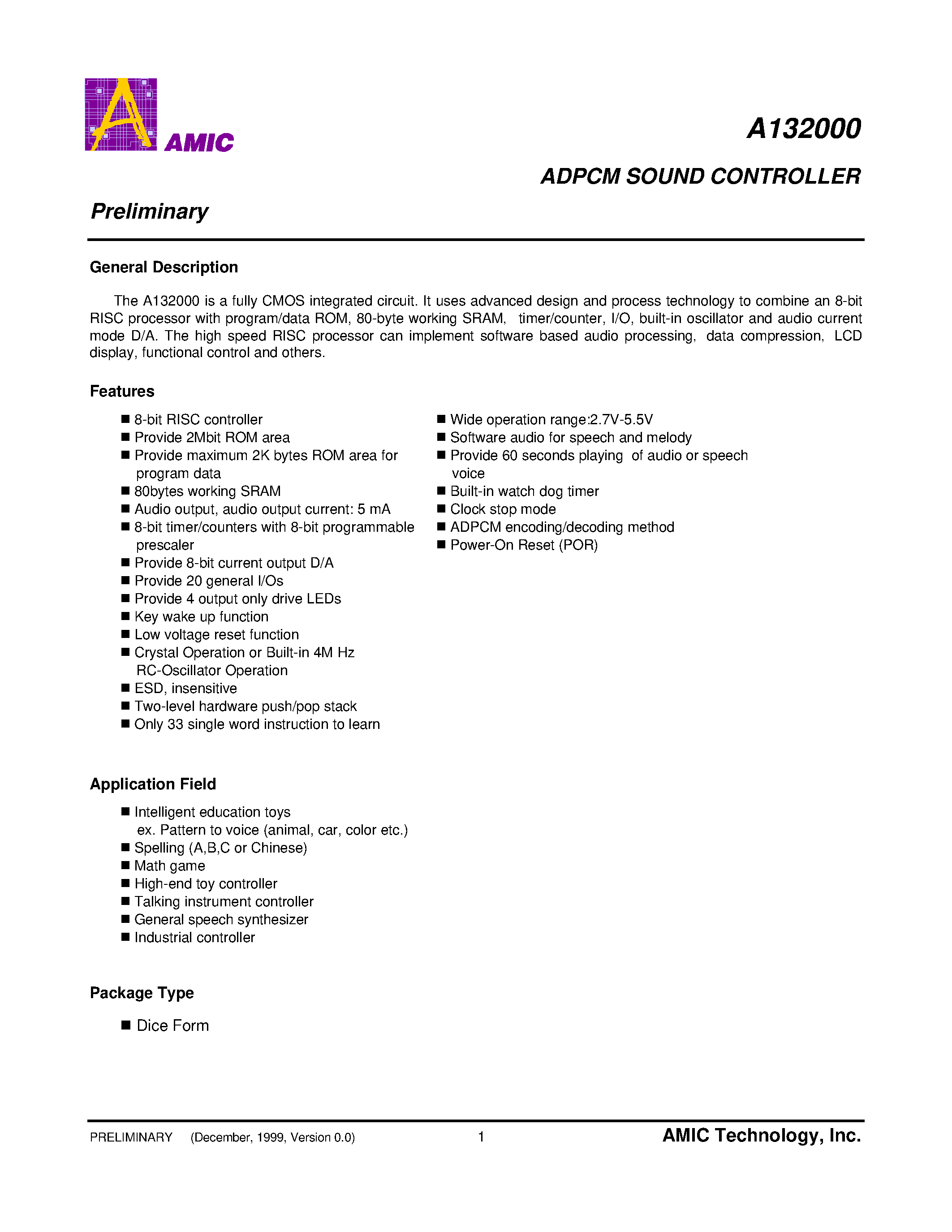 Datasheet A132000 - ADPCM SOUND CONTROLLER page 2