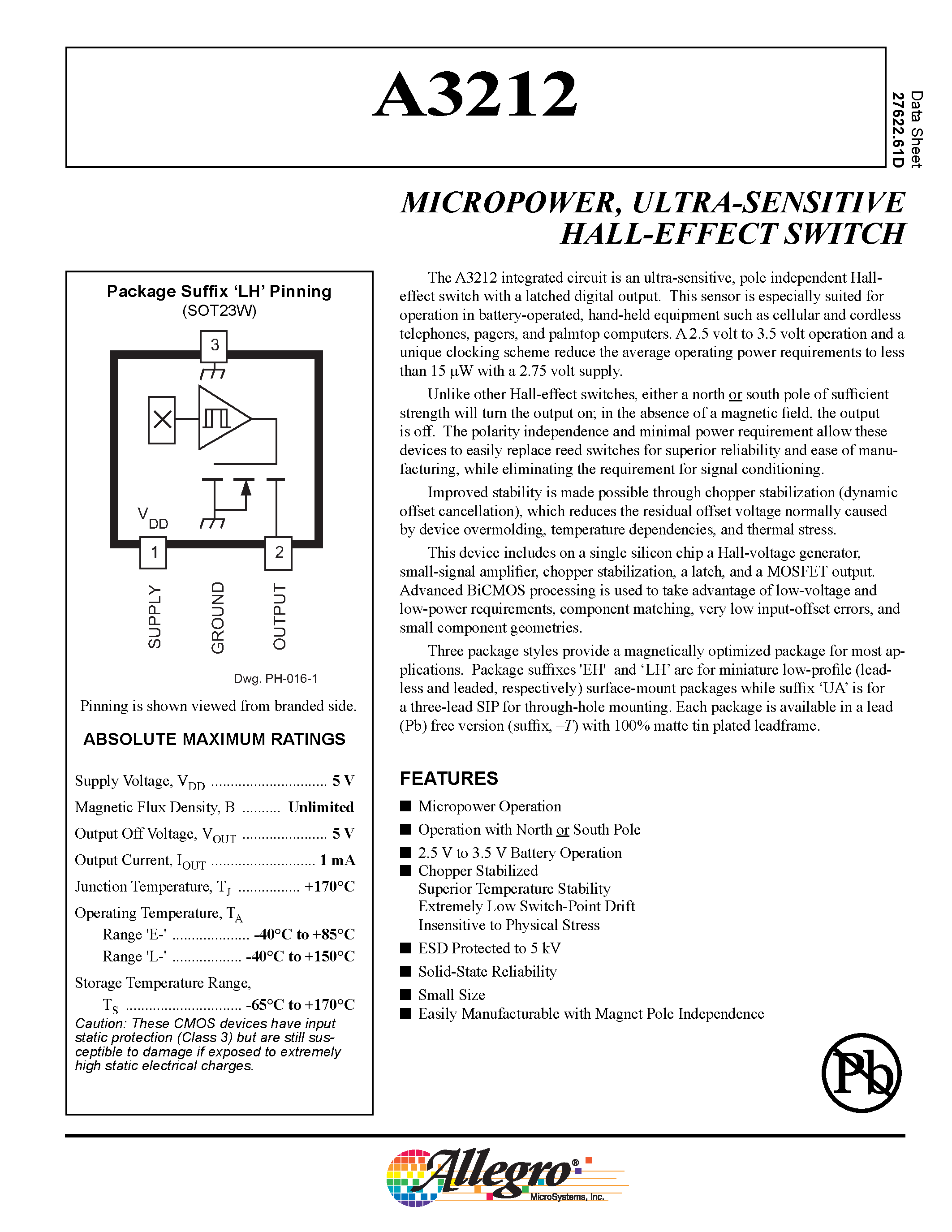 Даташит A3212LLHLT-T - MICROPOWER/ ULTRA-SENSITIVE HALL-EF FECT SWITCH страница 1