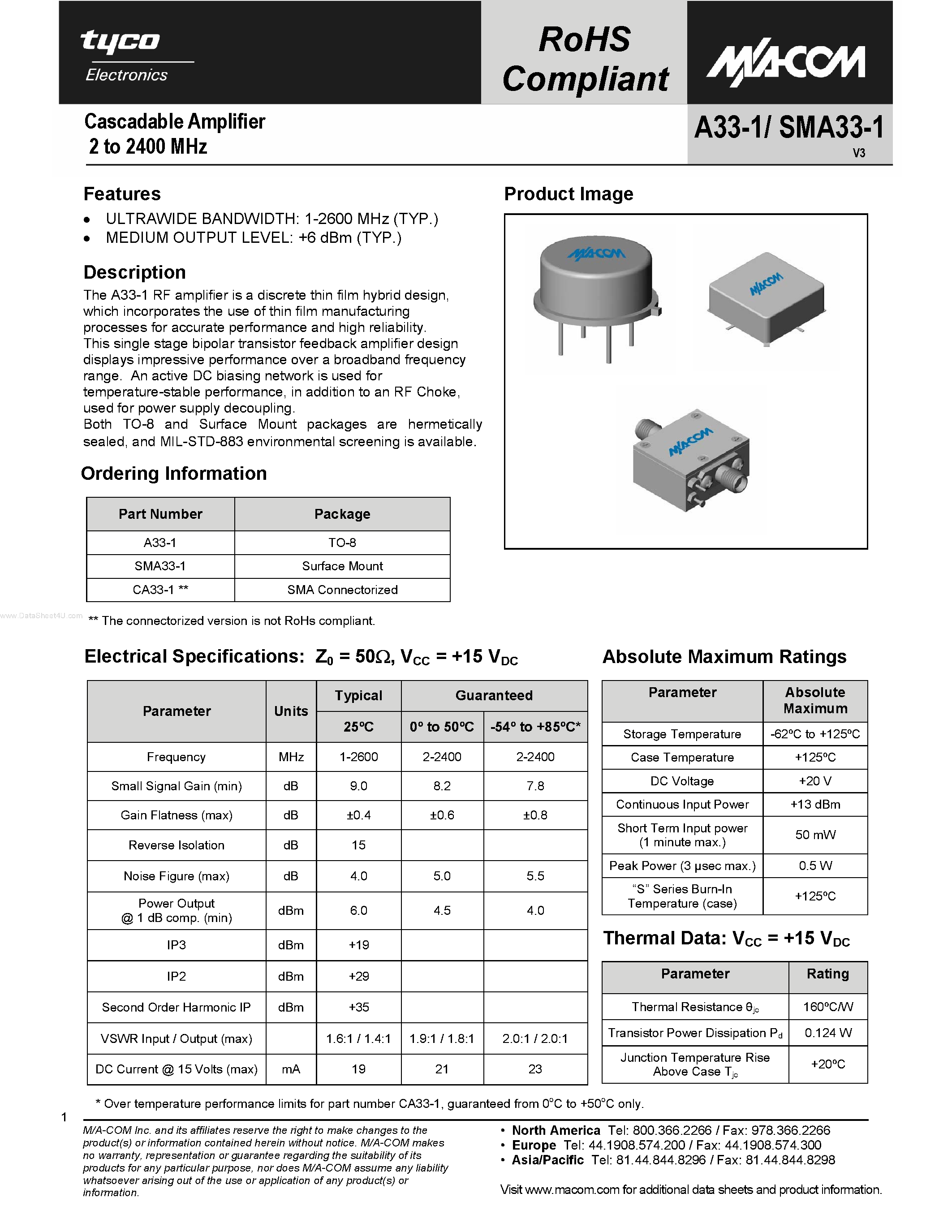 Даташит Nov-11 - 2 TO 2400 MHz CASCADABLE AMPLIFIER страница 1