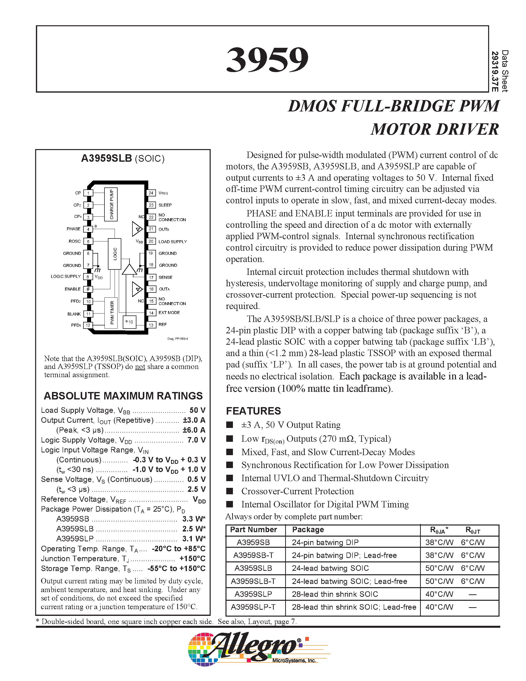 Даташит A3959SB-T - DMOS FULL-BRIDGE PWM MOTOR DRIVER страница 1