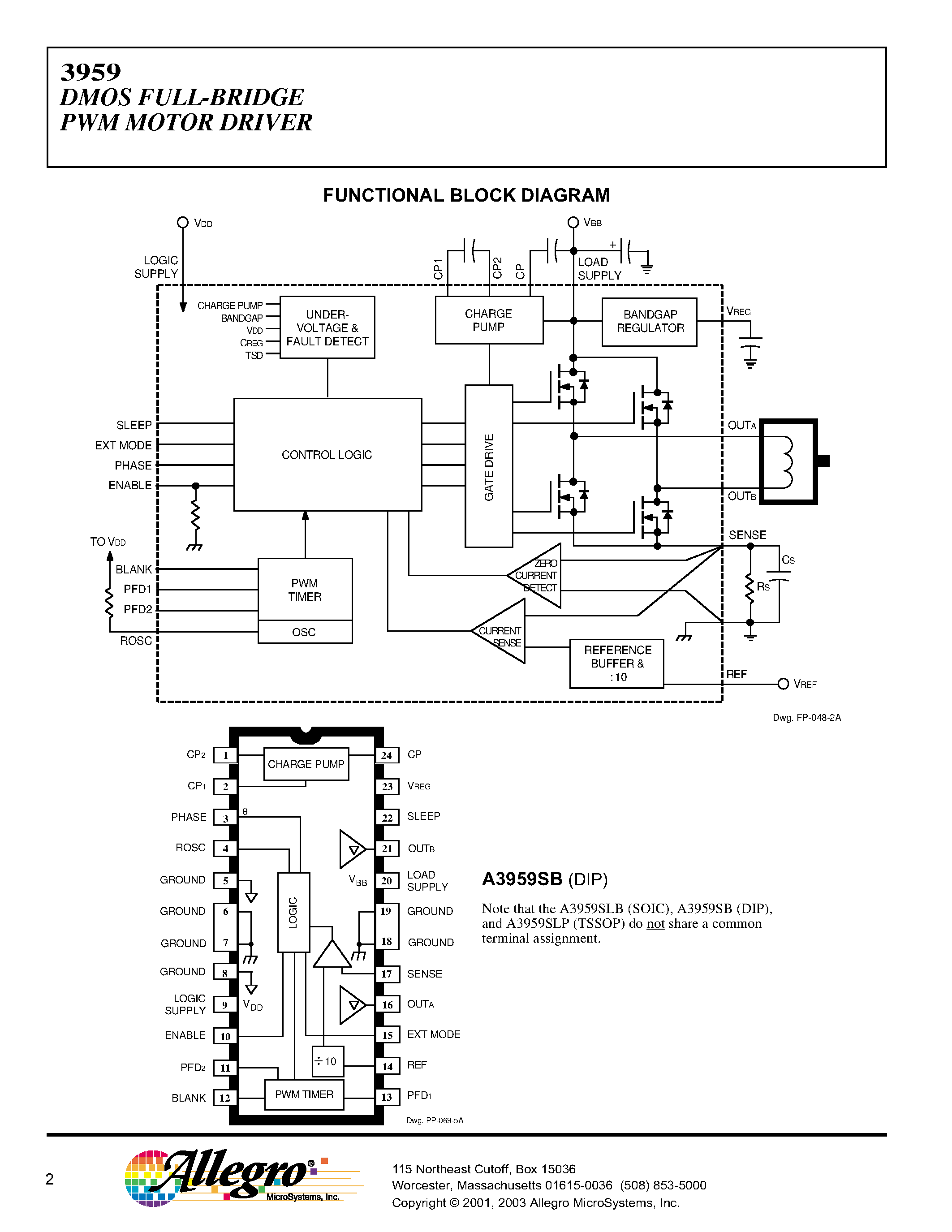 Даташит A3959SB-T - DMOS FULL-BRIDGE PWM MOTOR DRIVER страница 2