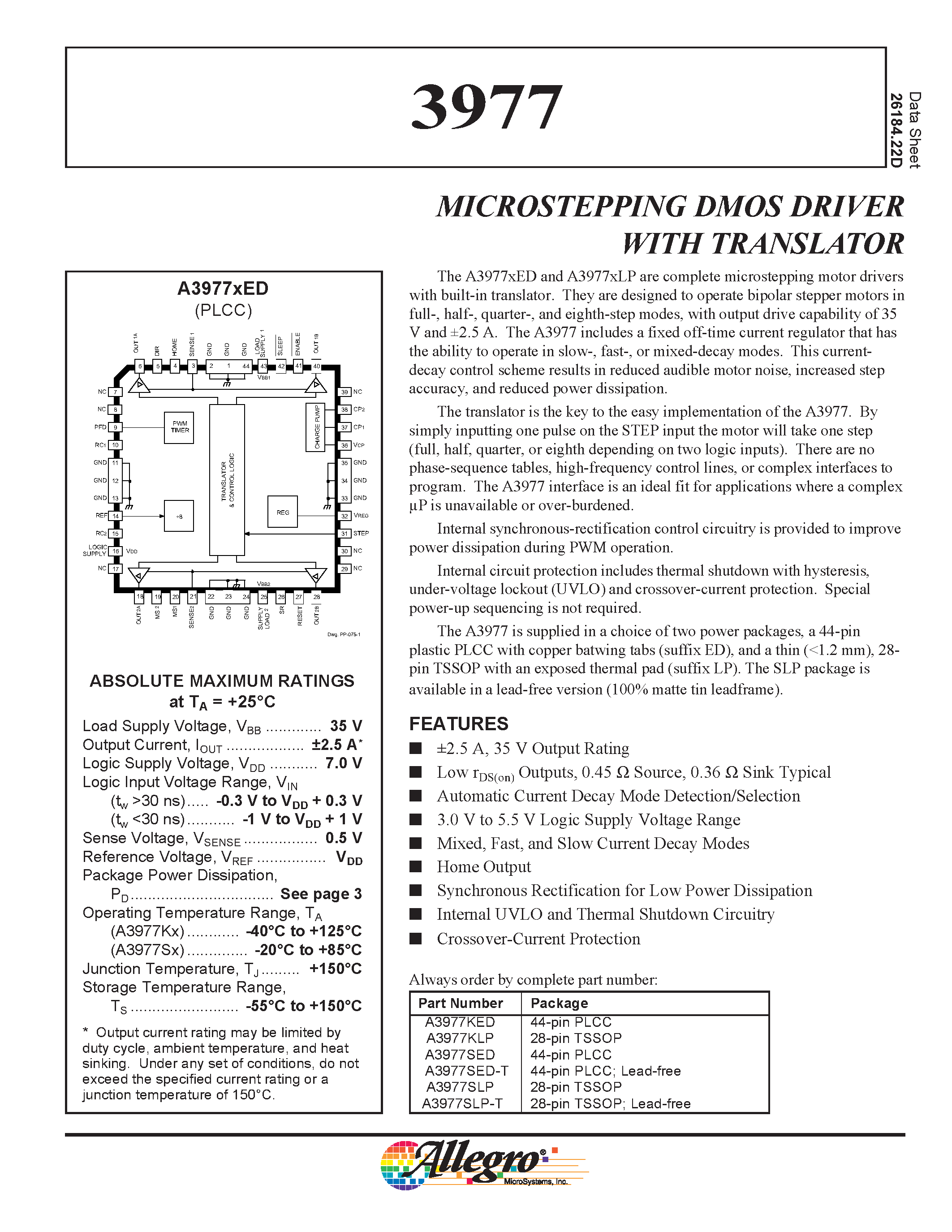 Даташит A3977SED-T - MICROSTEPPING DMOS DRIVER WITH TRANSLATOR страница 1